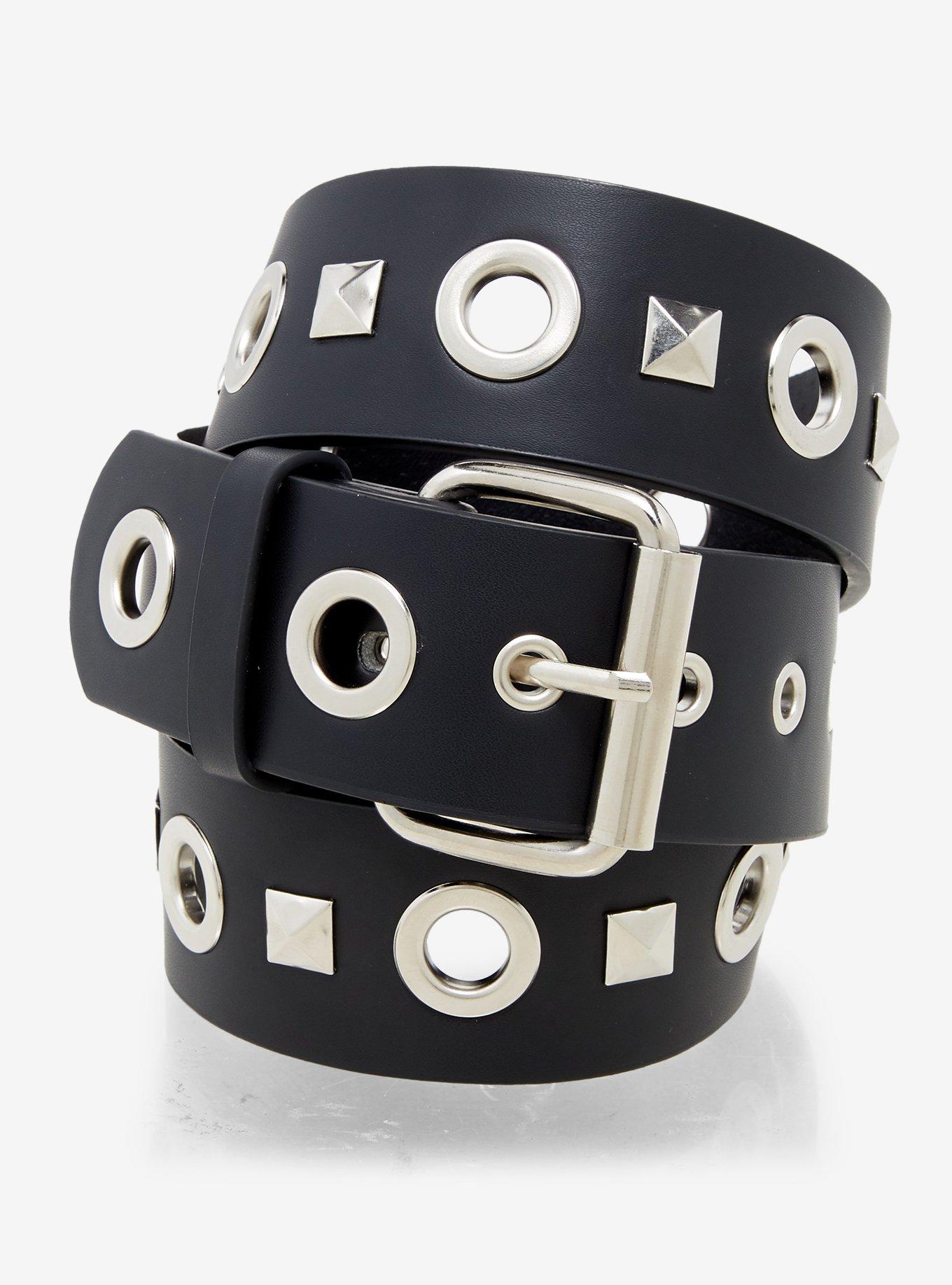 Black & Silver Grommet Pyramid Stud Belt, , hi-res