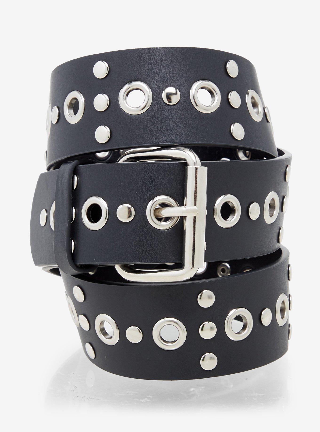 Wide black belt with alternating rows of round studs and grommets