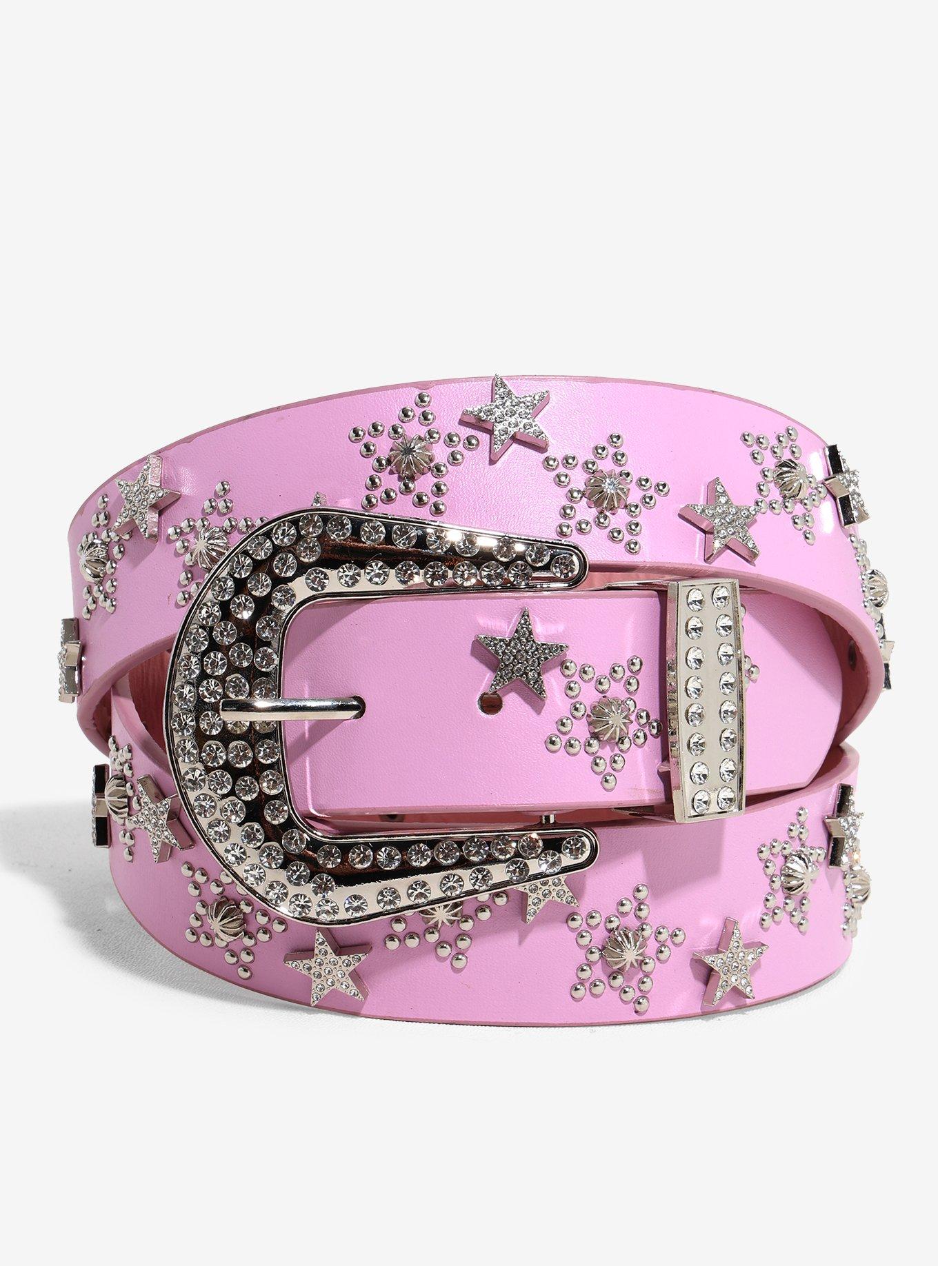 Pastel Pink Rhinestone Stars Bling Western Belt, , hi-res