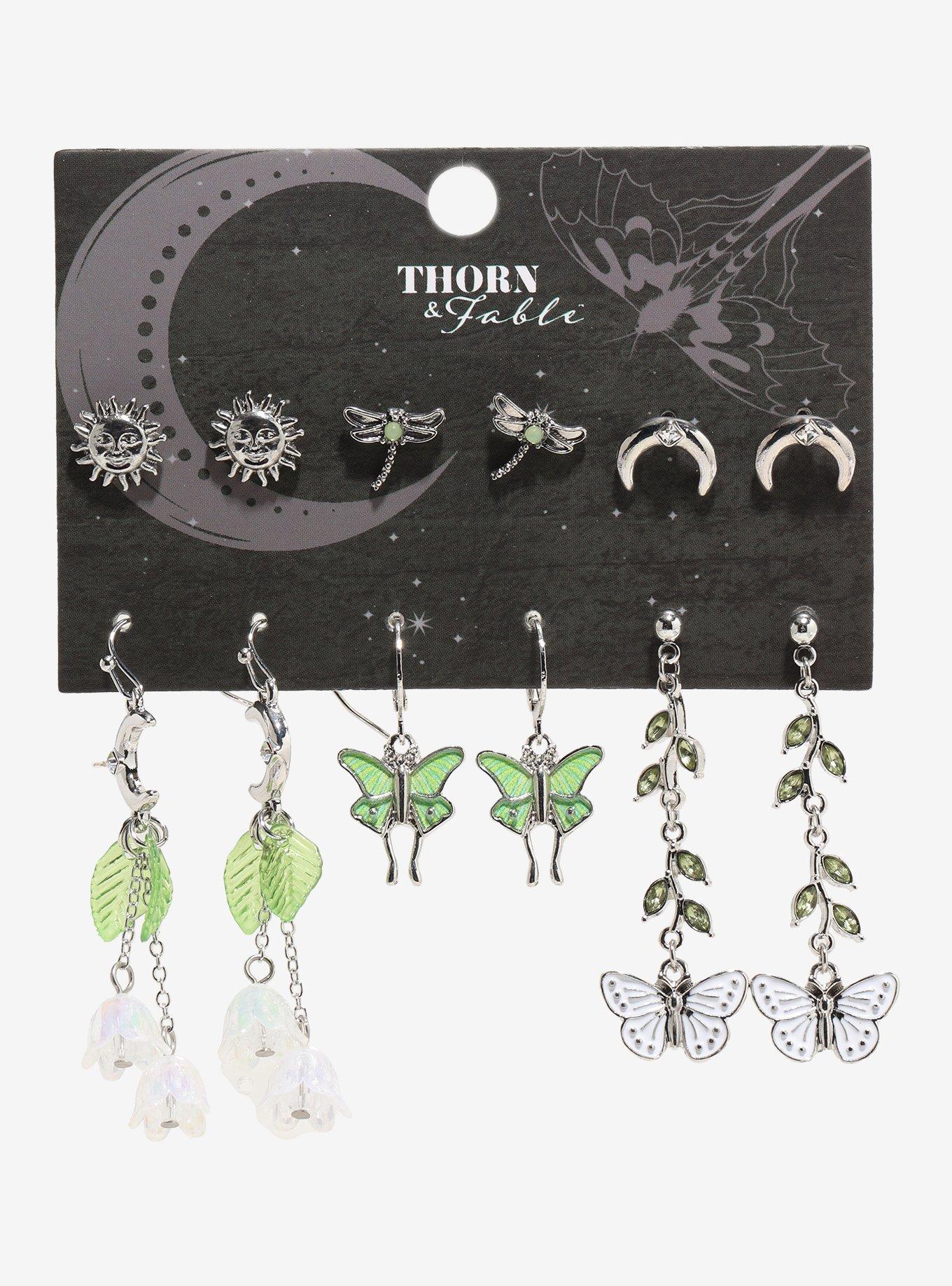 Thorn & Fable Green Moth Lunar Earring Set