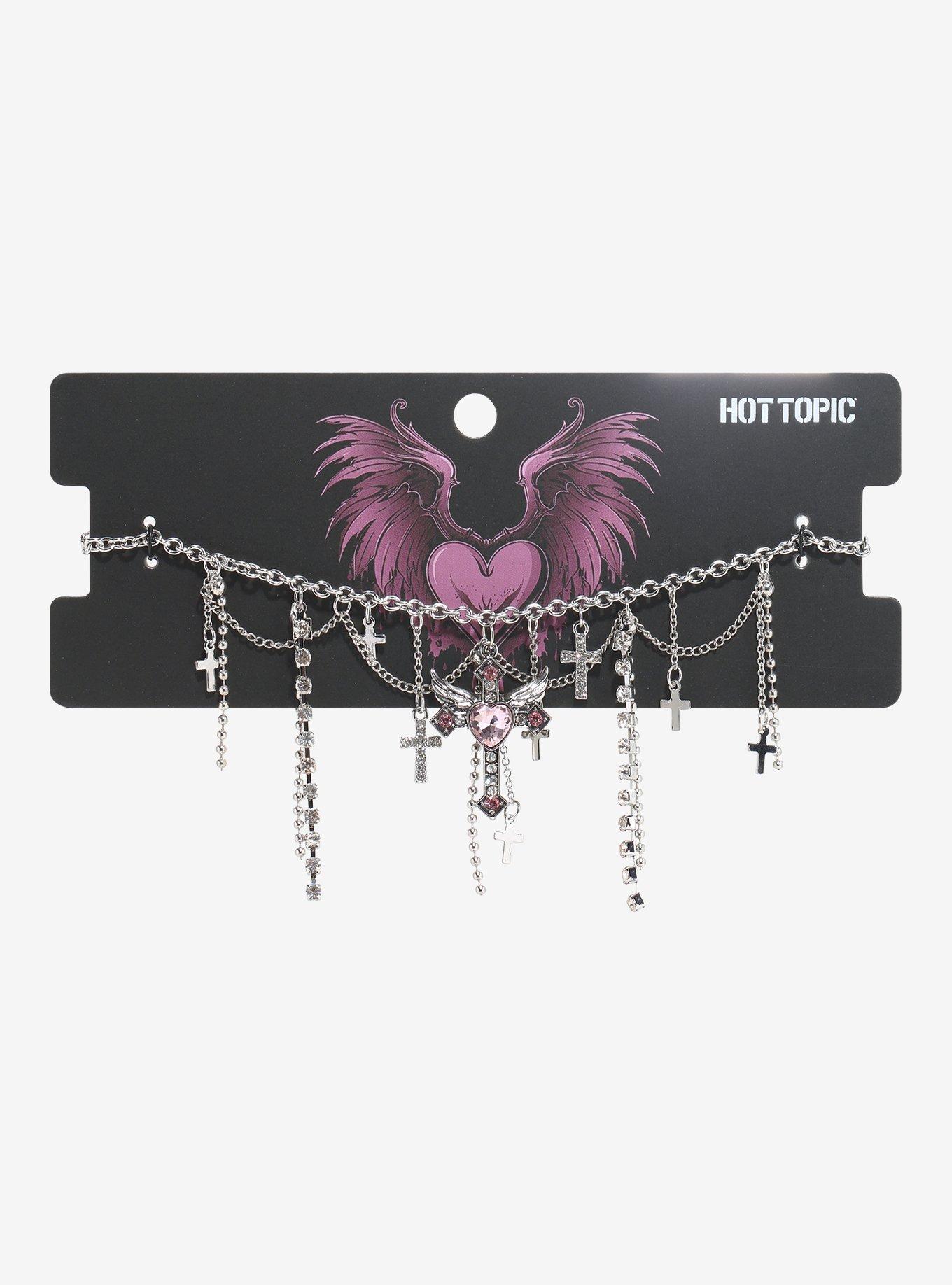 Pink Gem Winged Cross Charm Choker, , hi-res