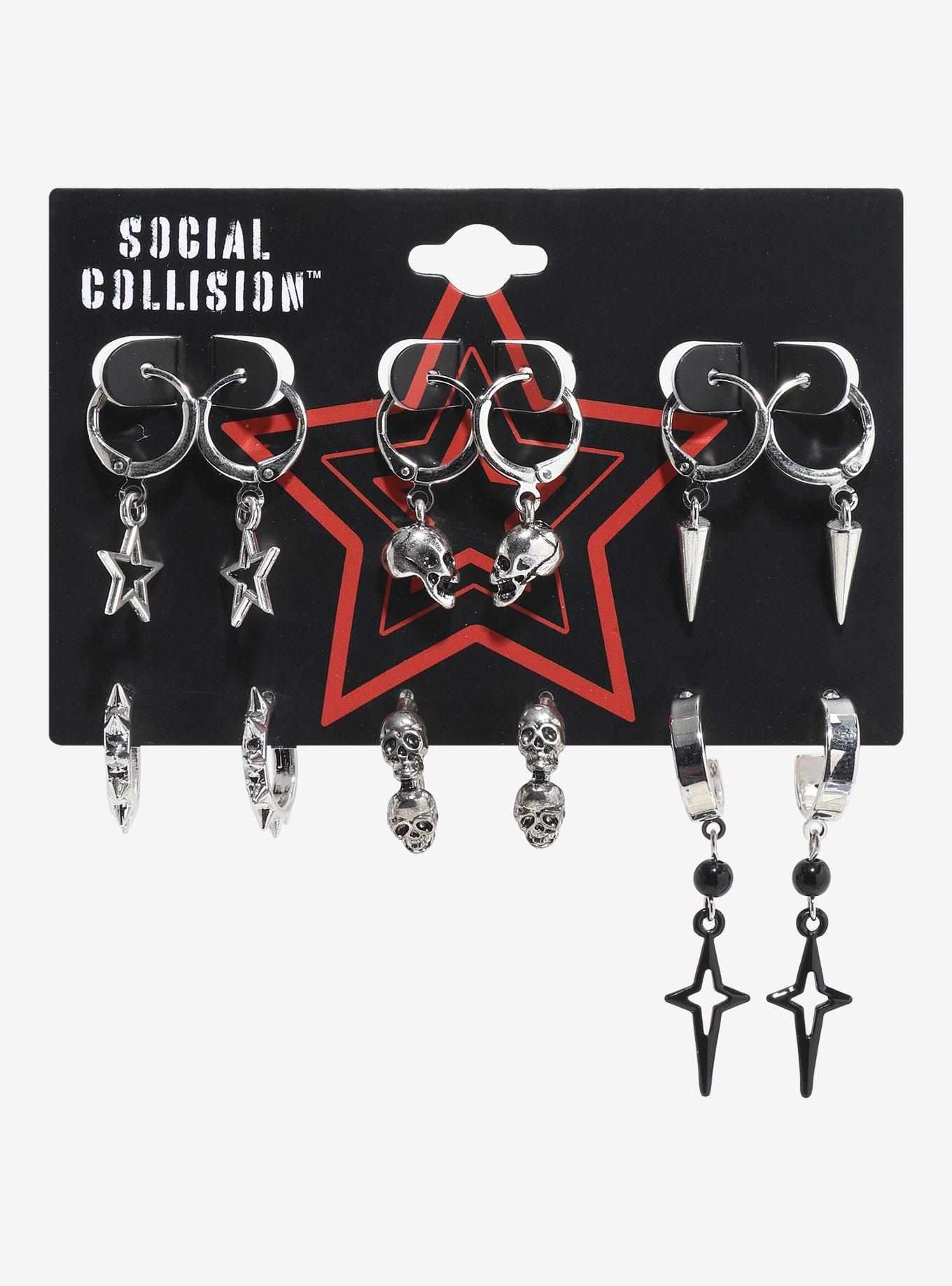Social Collision Star Skull Spike Huggie Hoop Set, , hi-res