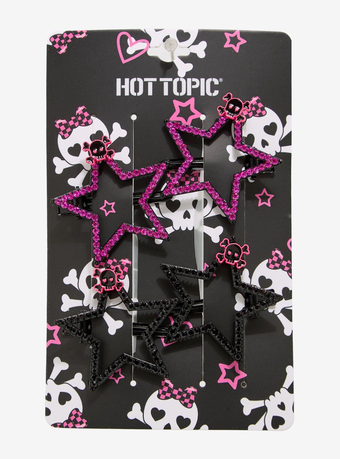 Pink & Black Skull Rhinestone Star Hair Clip Set, , hi-res