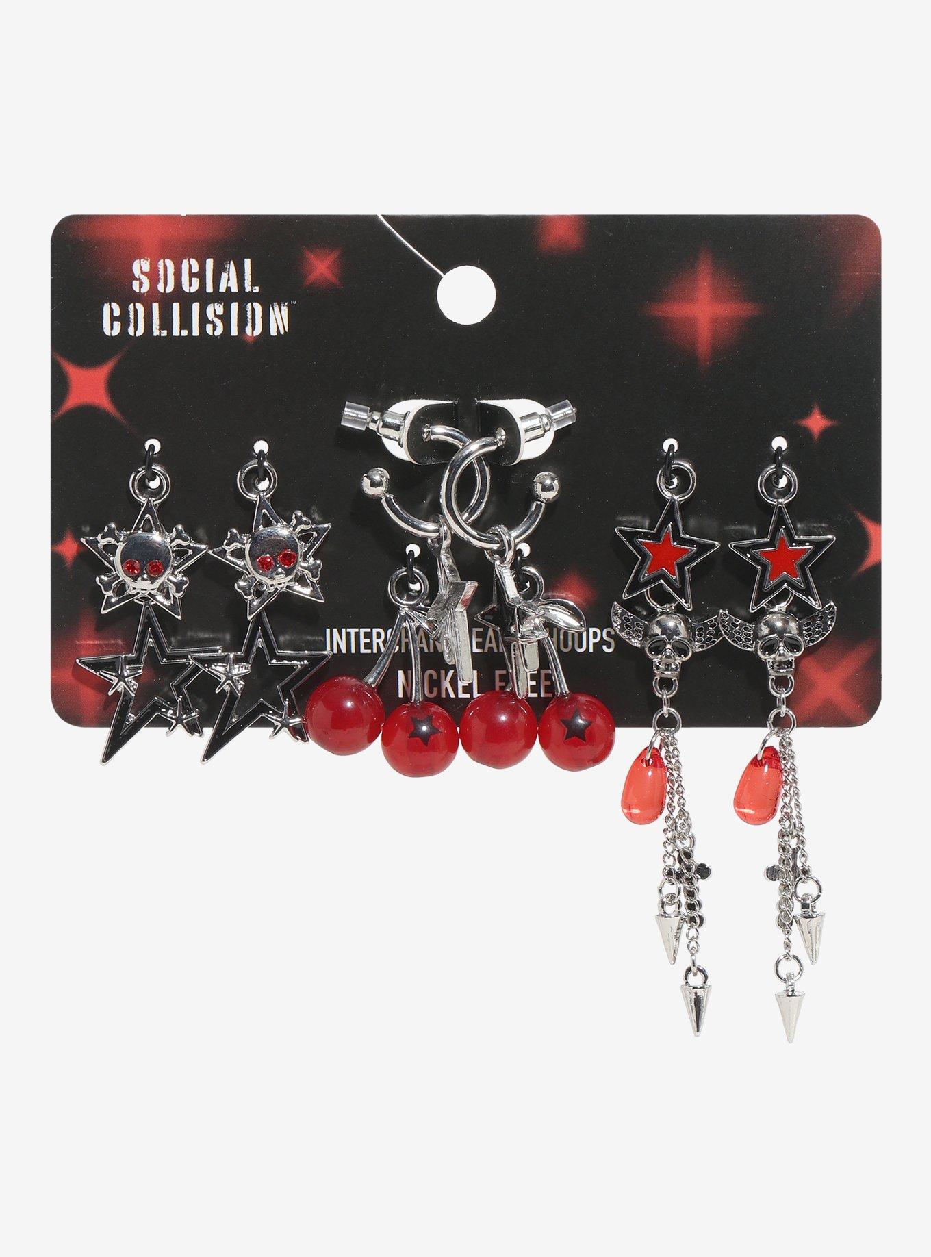 Social Collision Star Cherry Skull Interchangeable Hoop Earring Set, , hi-res