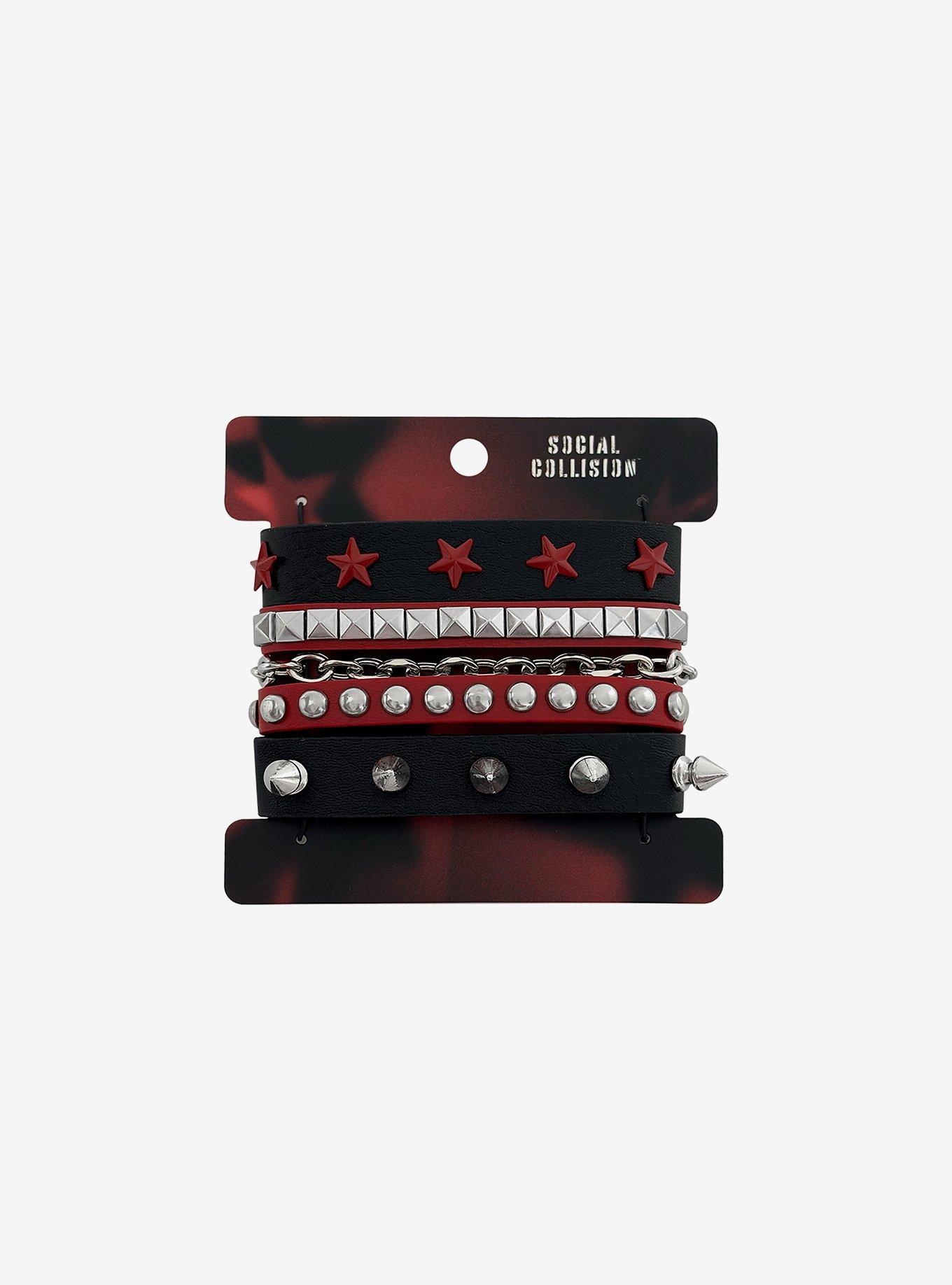 Social Collision Black & Red Stud Cuff Bracelet Set, , hi-res