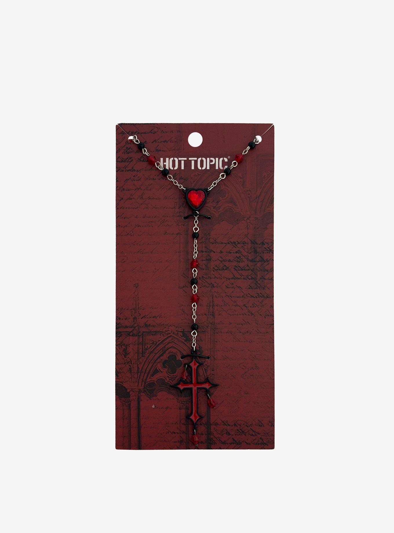 Black & Red Cross Heart Rosary Necklace, , hi-res