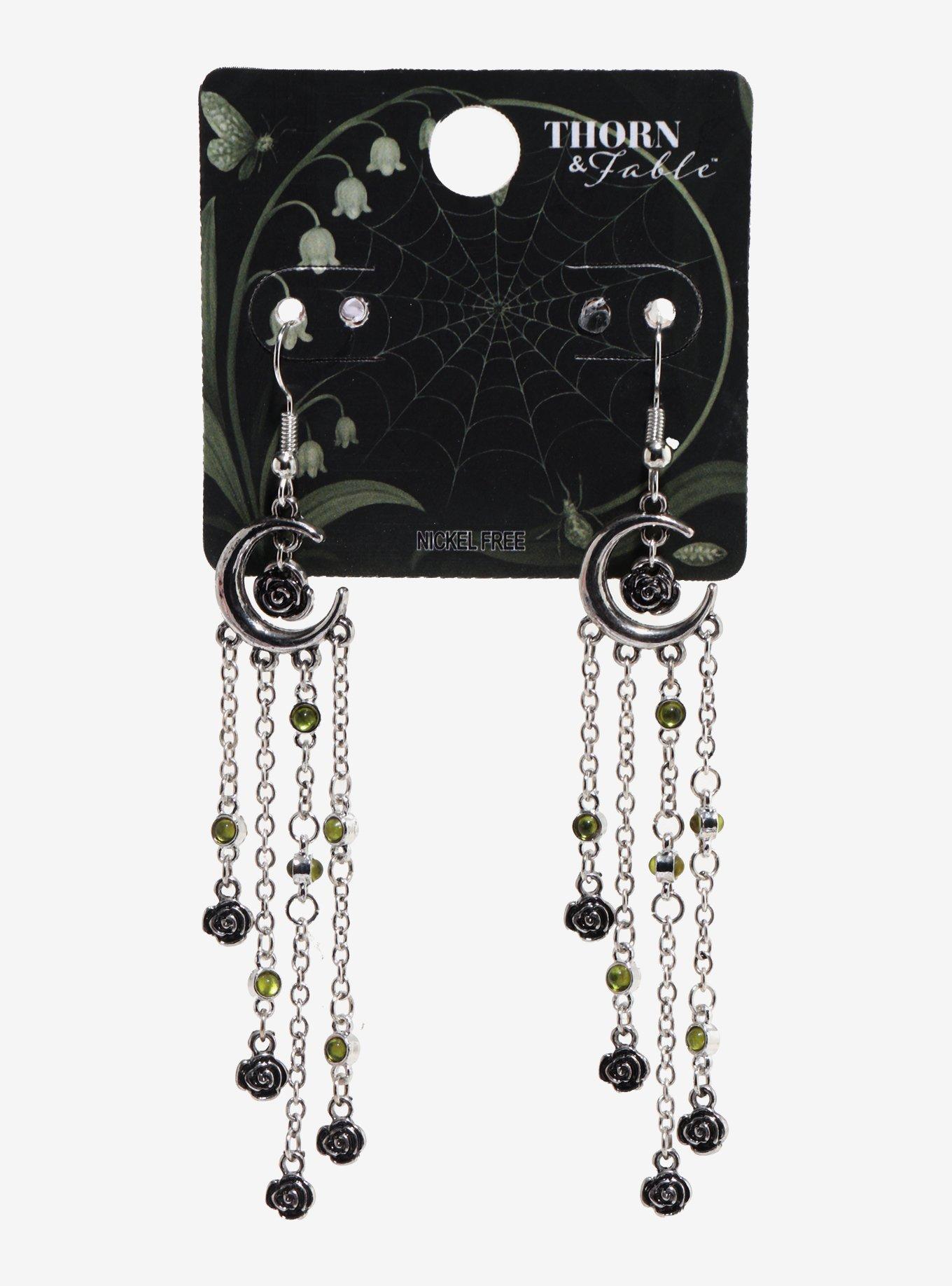 Thorn & Fable Crescent Moon Rose Drop Earrings, , hi-res