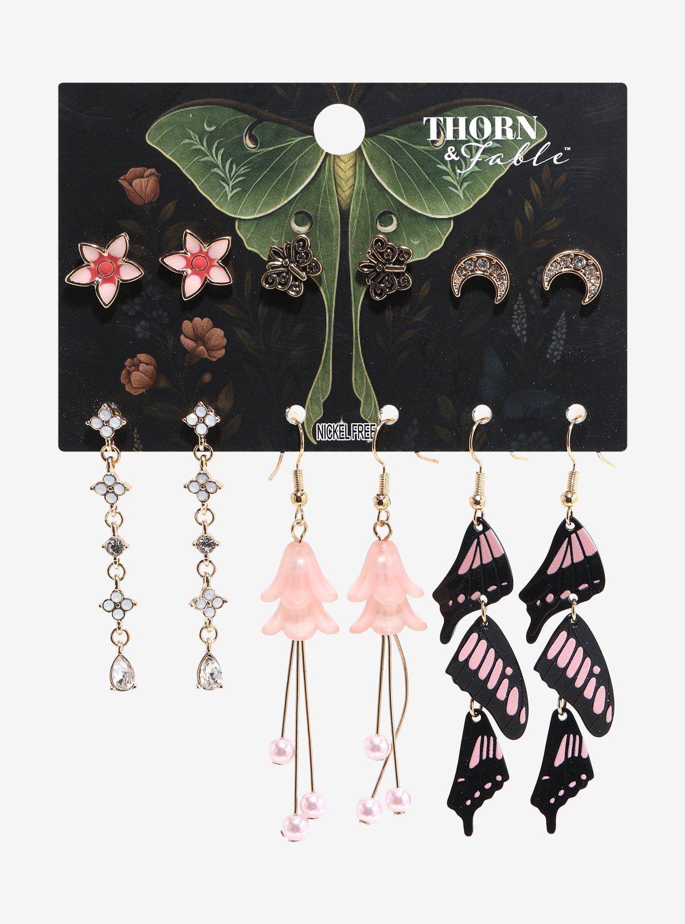 Thorn & Fable Pink Moth Floral Earring Set