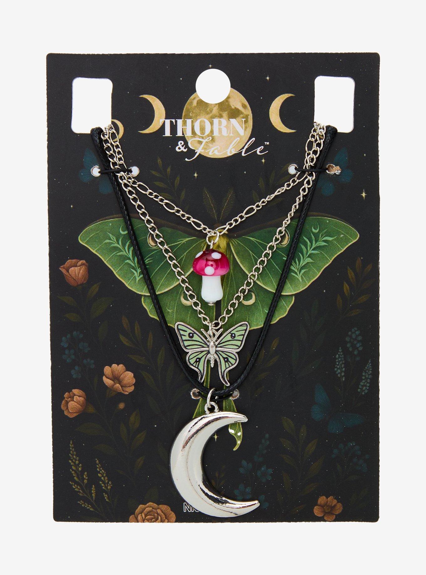 Thorn & Fable Crescent Moon Mushroom Butterfly Necklace Set, , hi-res