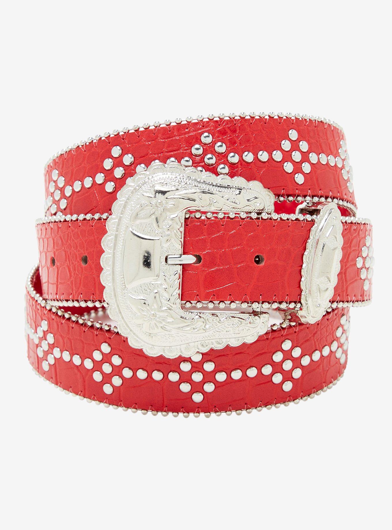 Red Round Stud Crocodile Belt, , hi-res