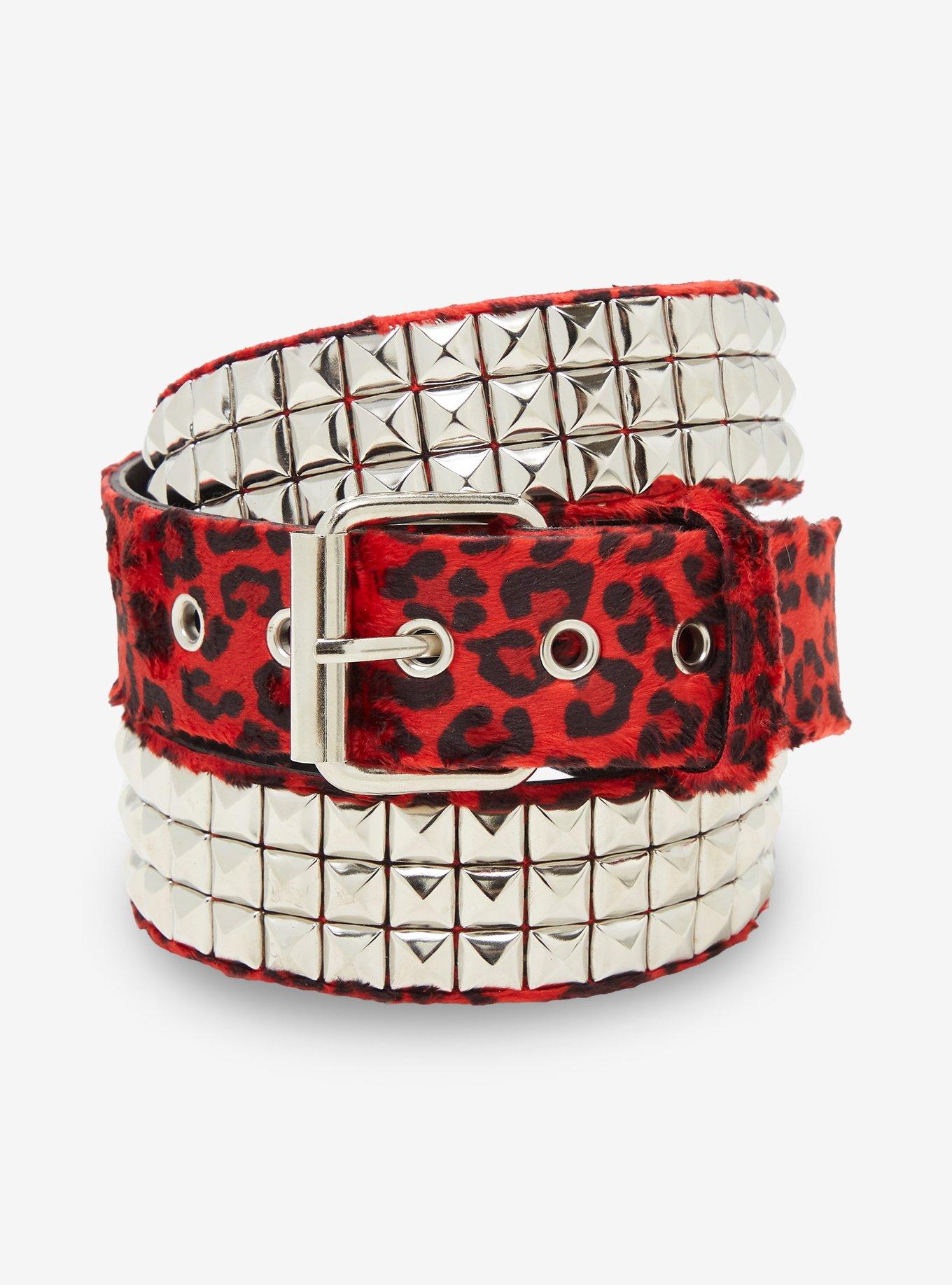 Red Cheetah Pyramid Stud Belt, , hi-res