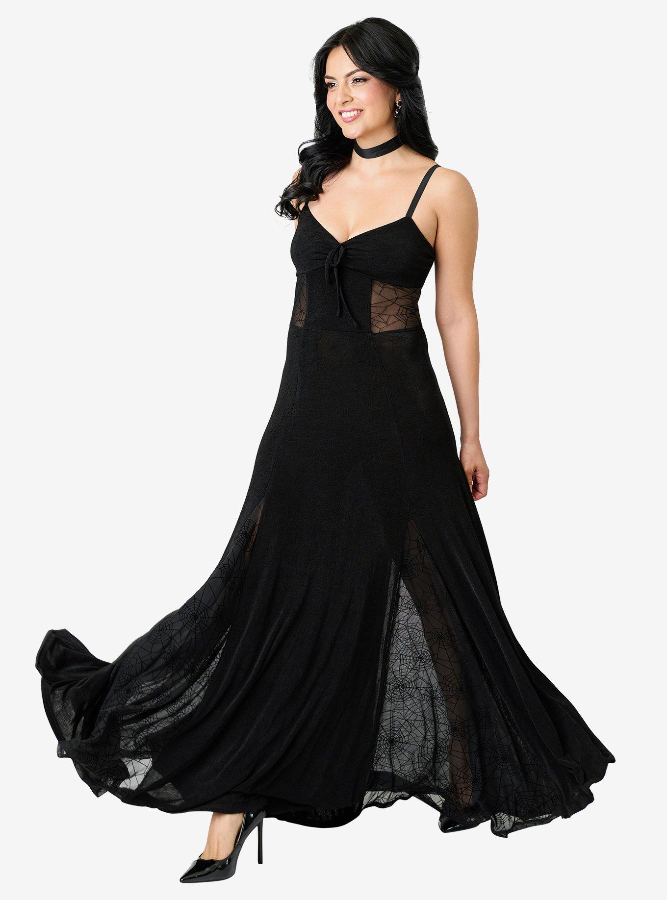 Unique Vintage Black Sheer Spiderweb Godet Maxi Dress, , hi-res