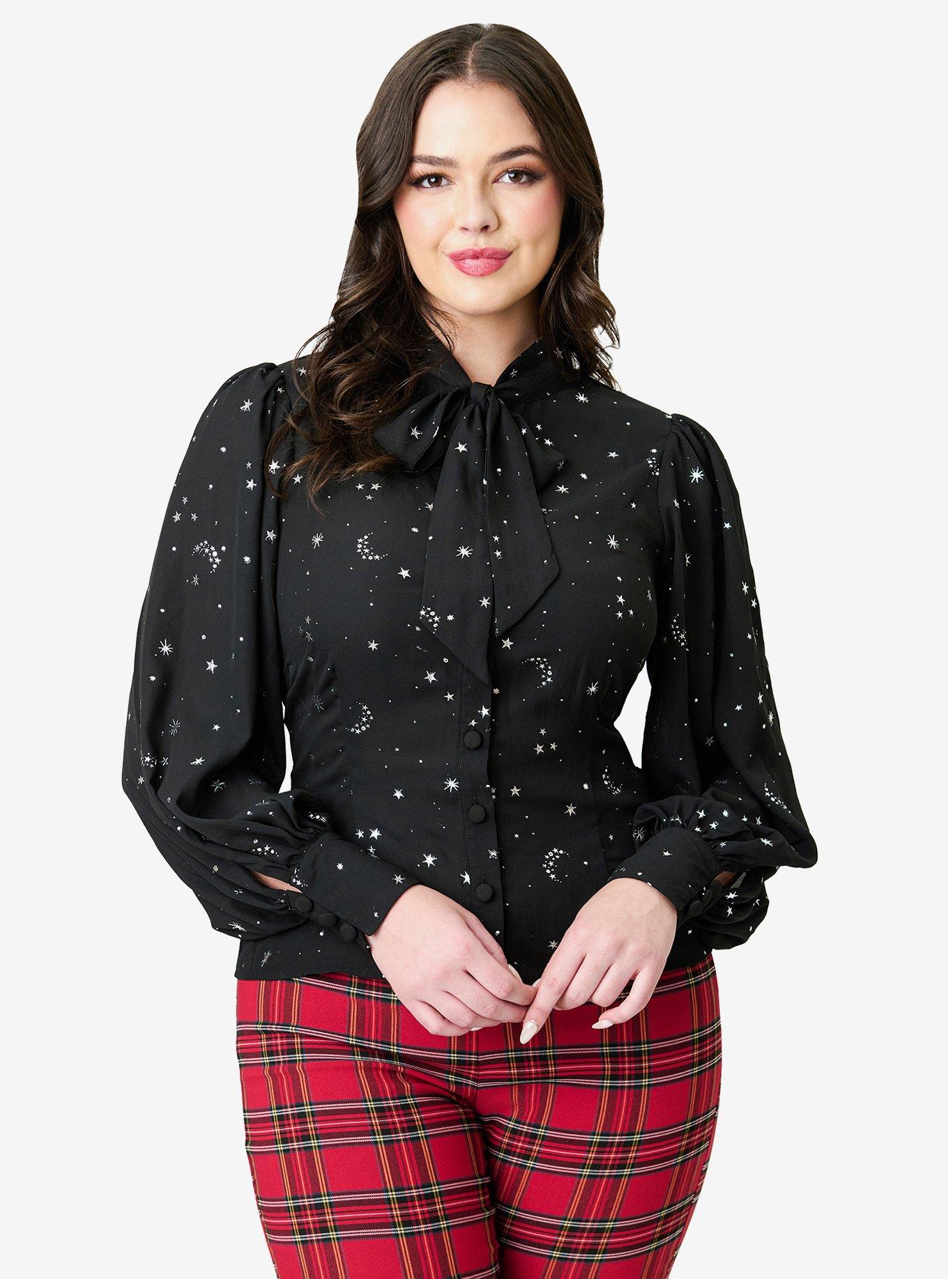 Unique Vintage Black Moon & Star Silver Foil Print Gwen Blouse, , hi-res