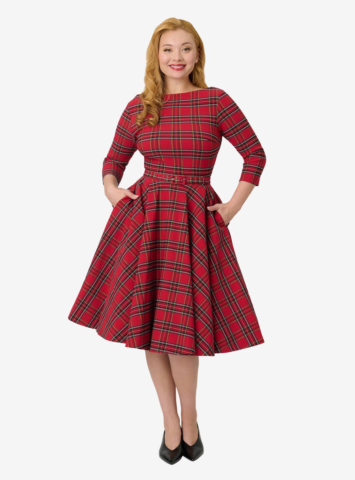 Unique Vintage Red Plaid Sleeved Devon Swing Dress, , hi-res