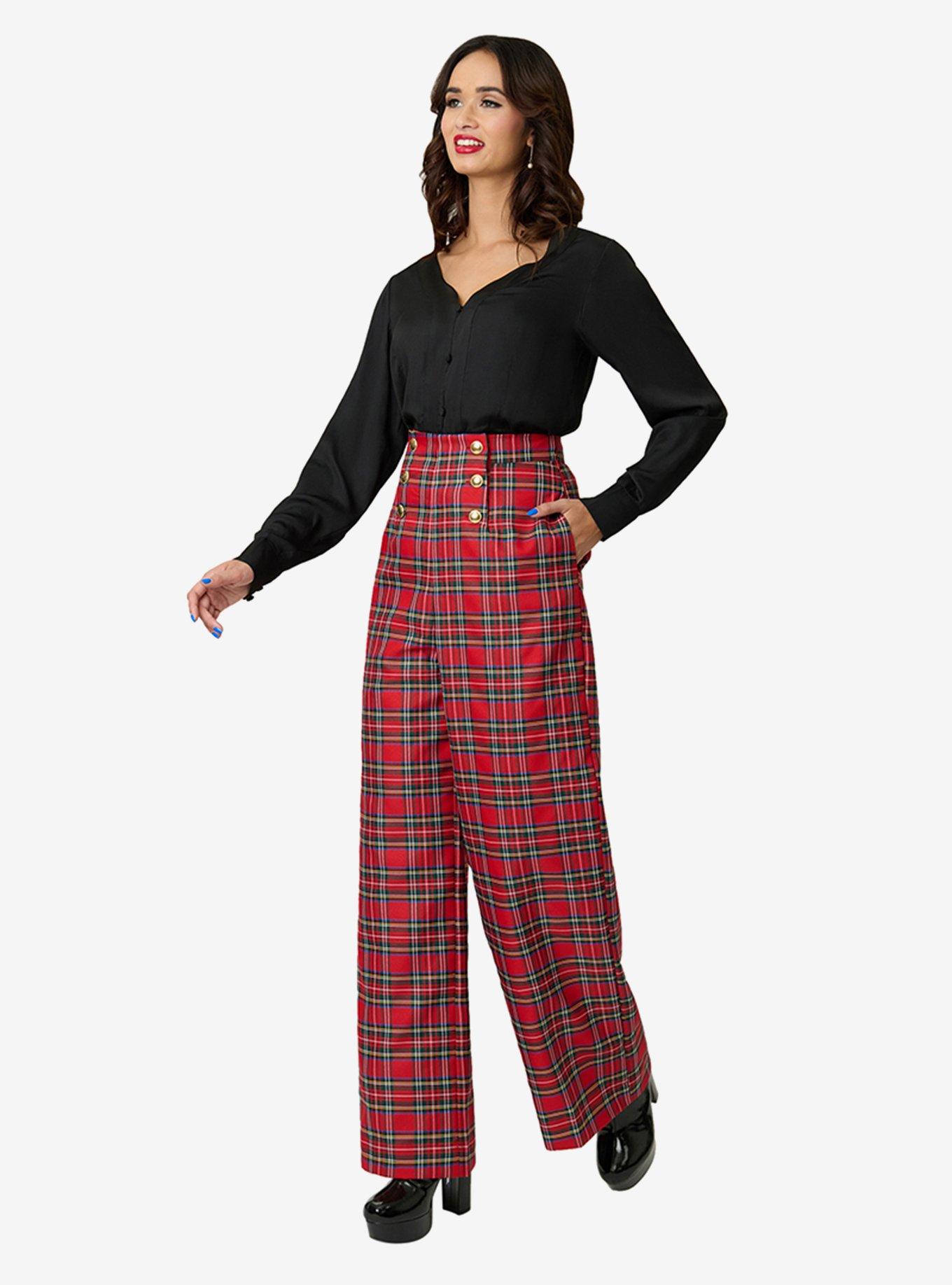 Smak Parlour Red Plaid Wide Leg Sailor Pants, , hi-res