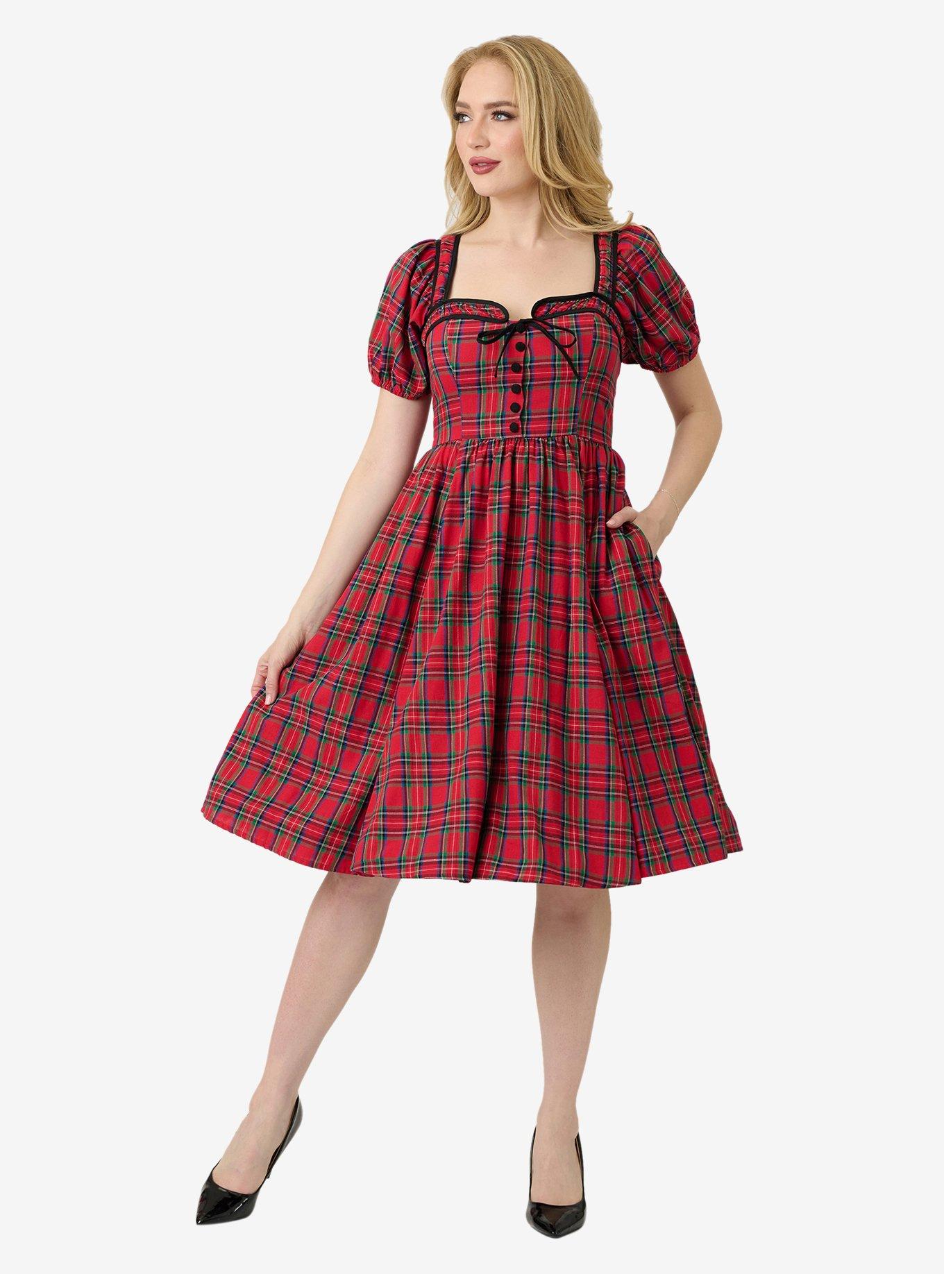 Unique Vintage Red Plaid Button Front Swing Dress, , hi-res
