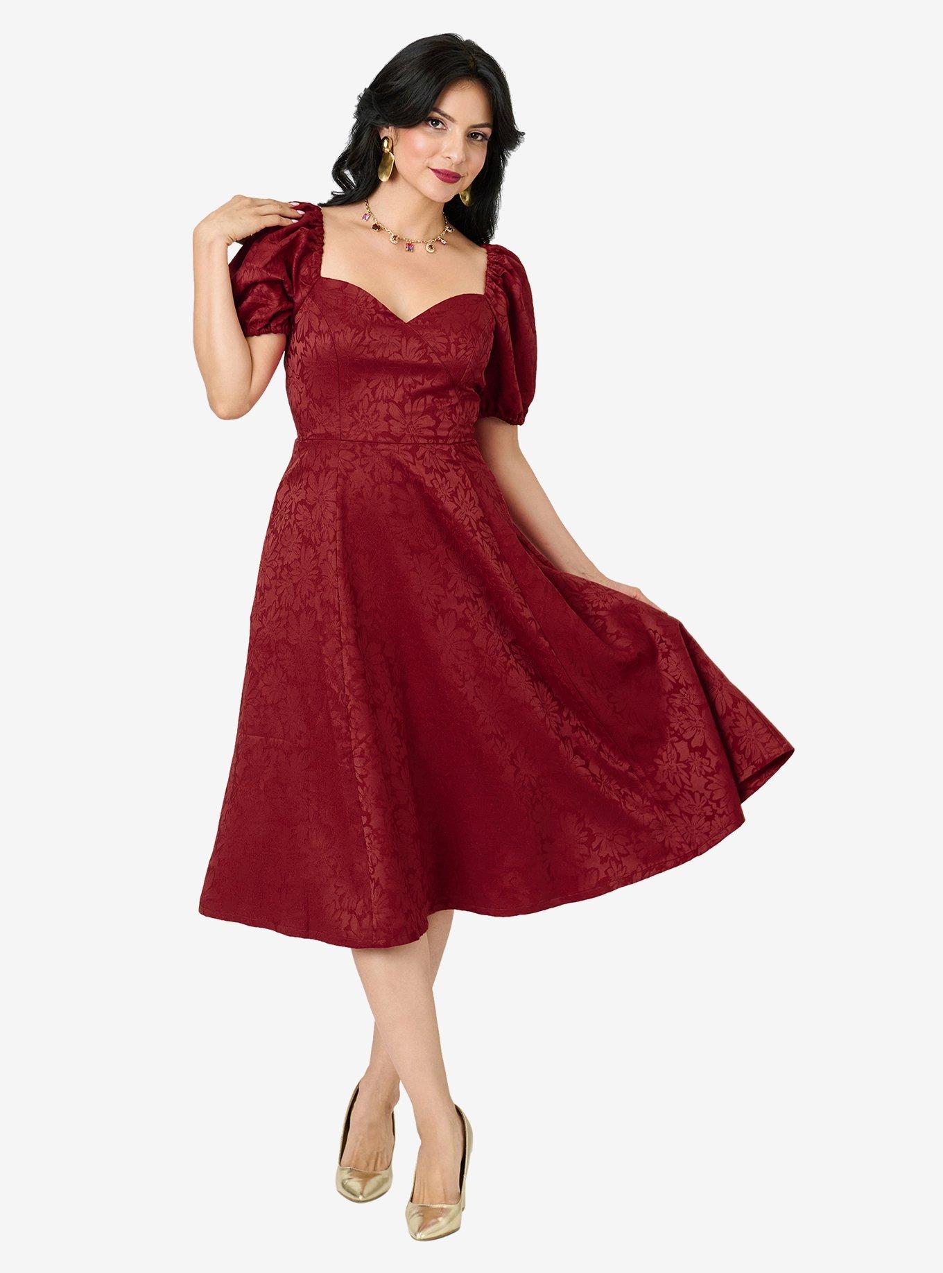 Unique Vintage Burgundy Floral Jacquard Sweetheart Swing Dress, , hi-res
