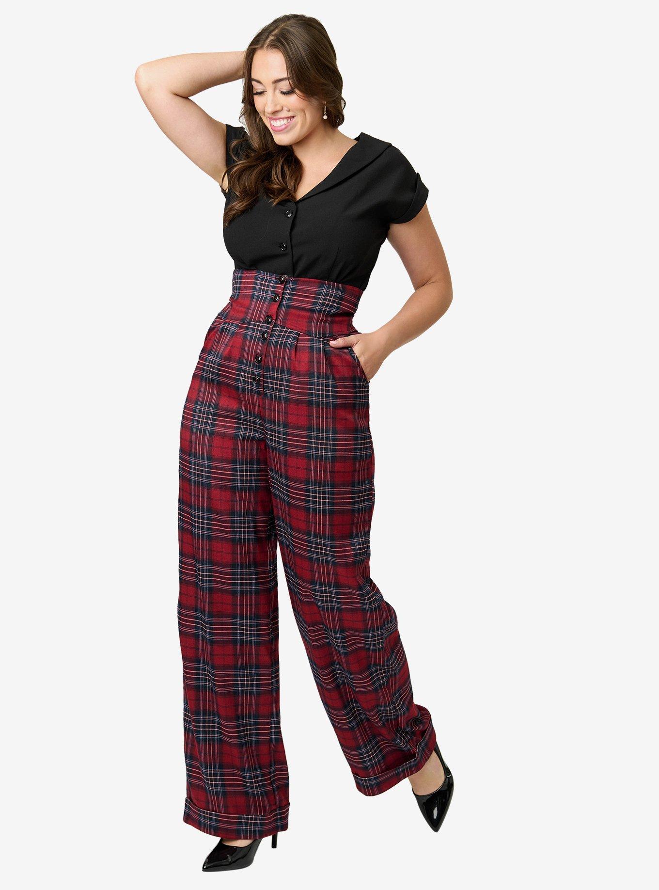 Unique Vintage Red Plaid High Waist Trousers, , hi-res
