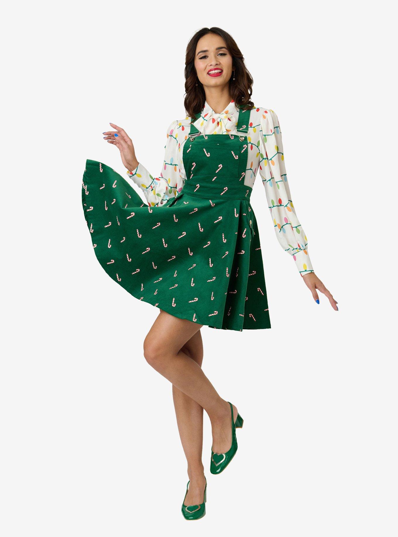 Unique Vintage Green & Candy Cane Stamp Brionne Pinafore Skirt, , hi-res