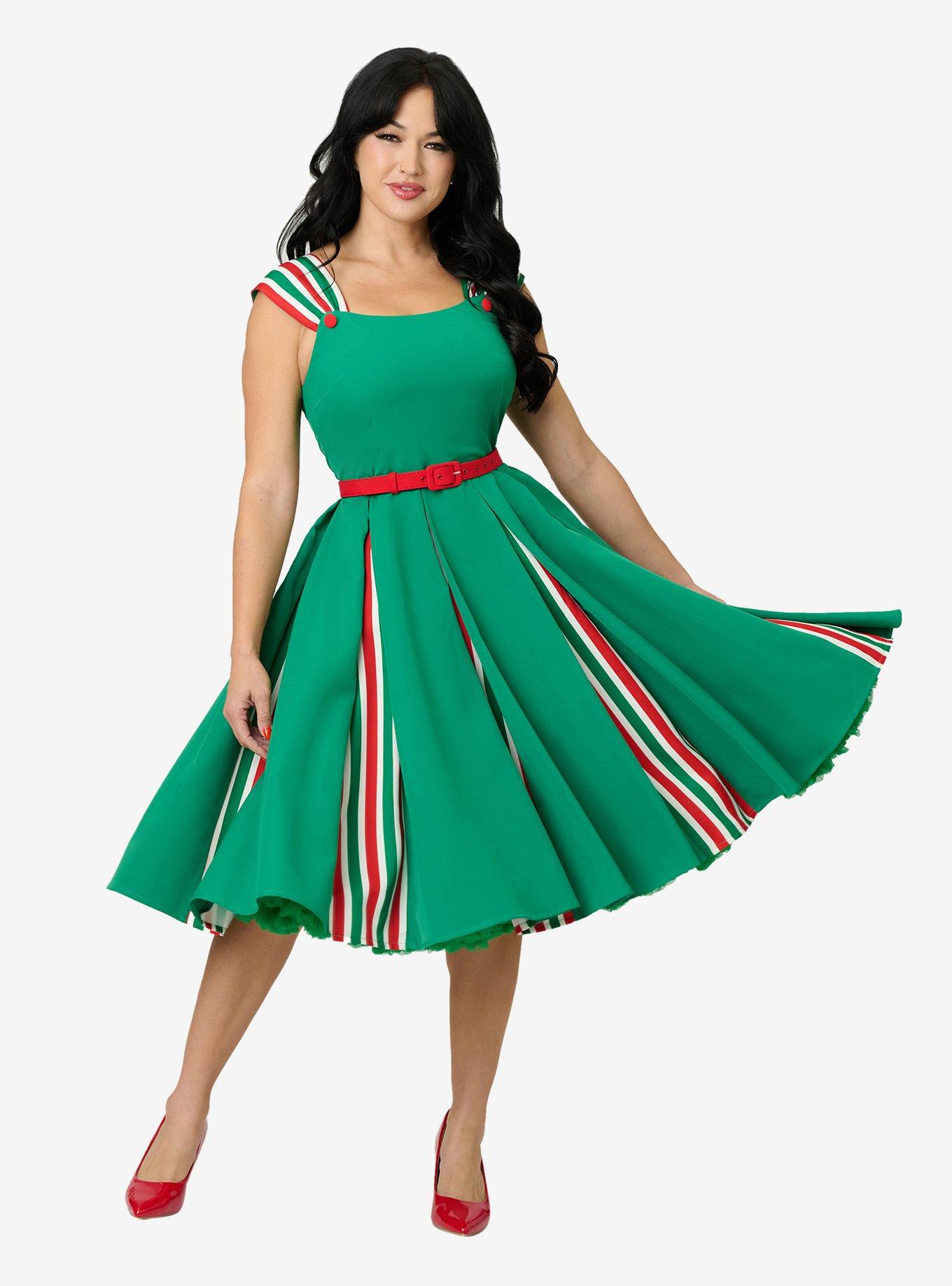 Unique Vintage Green & Candy Cane Stripe Swing Dress, , hi-res