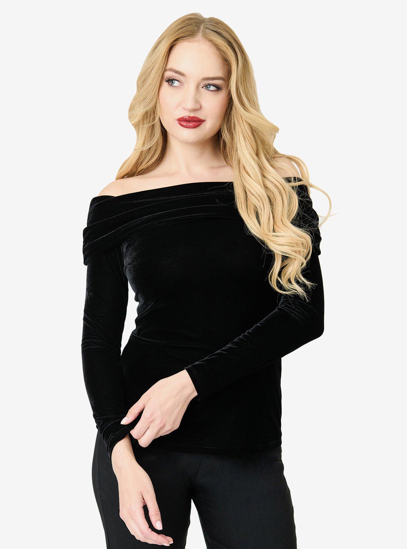 Unique Vintage Black Velvet Folded Shoulder Knit Top, , hi-res