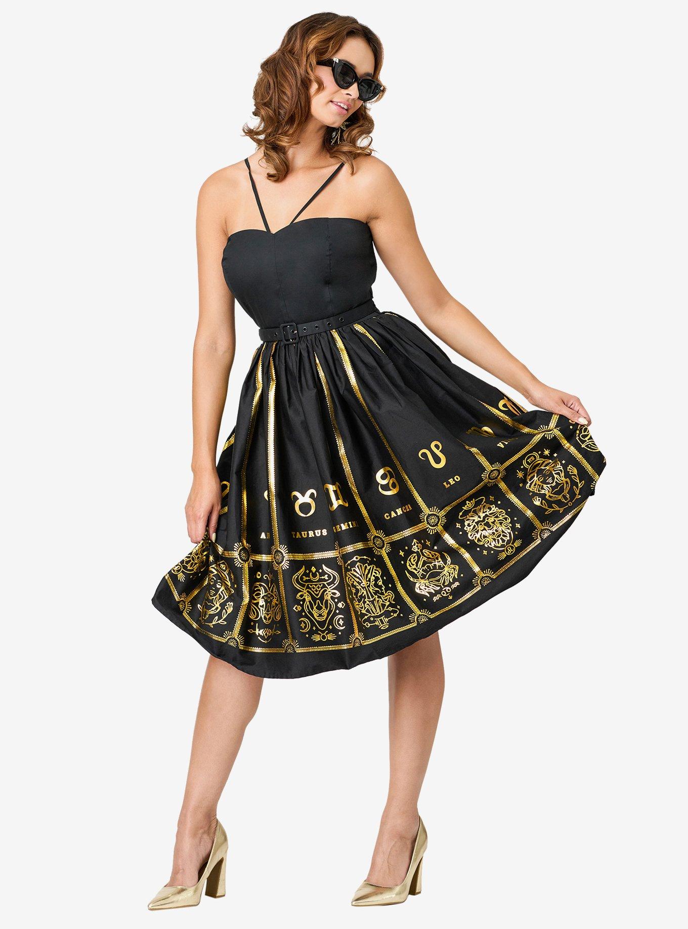 Unique Vintage Black & Gold Astrological Chart Sweetheart Halter Swing Dress, , hi-res