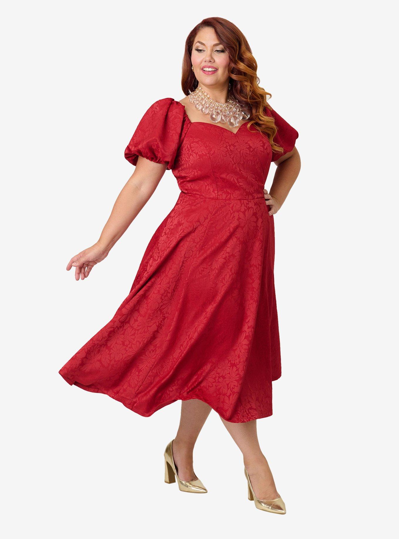 Unique Vintage Plus Size Burgundy Floral Jacquard Sweetheart Swing Dress, , hi-res