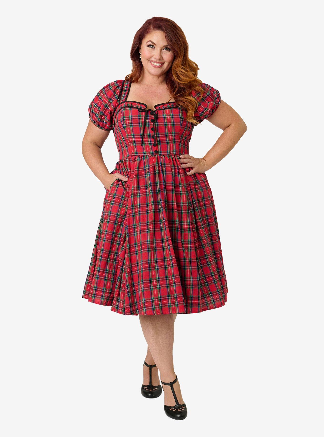 Unique Vintage Plus Size Red Plaid Button Front Swing Dress, , hi-res