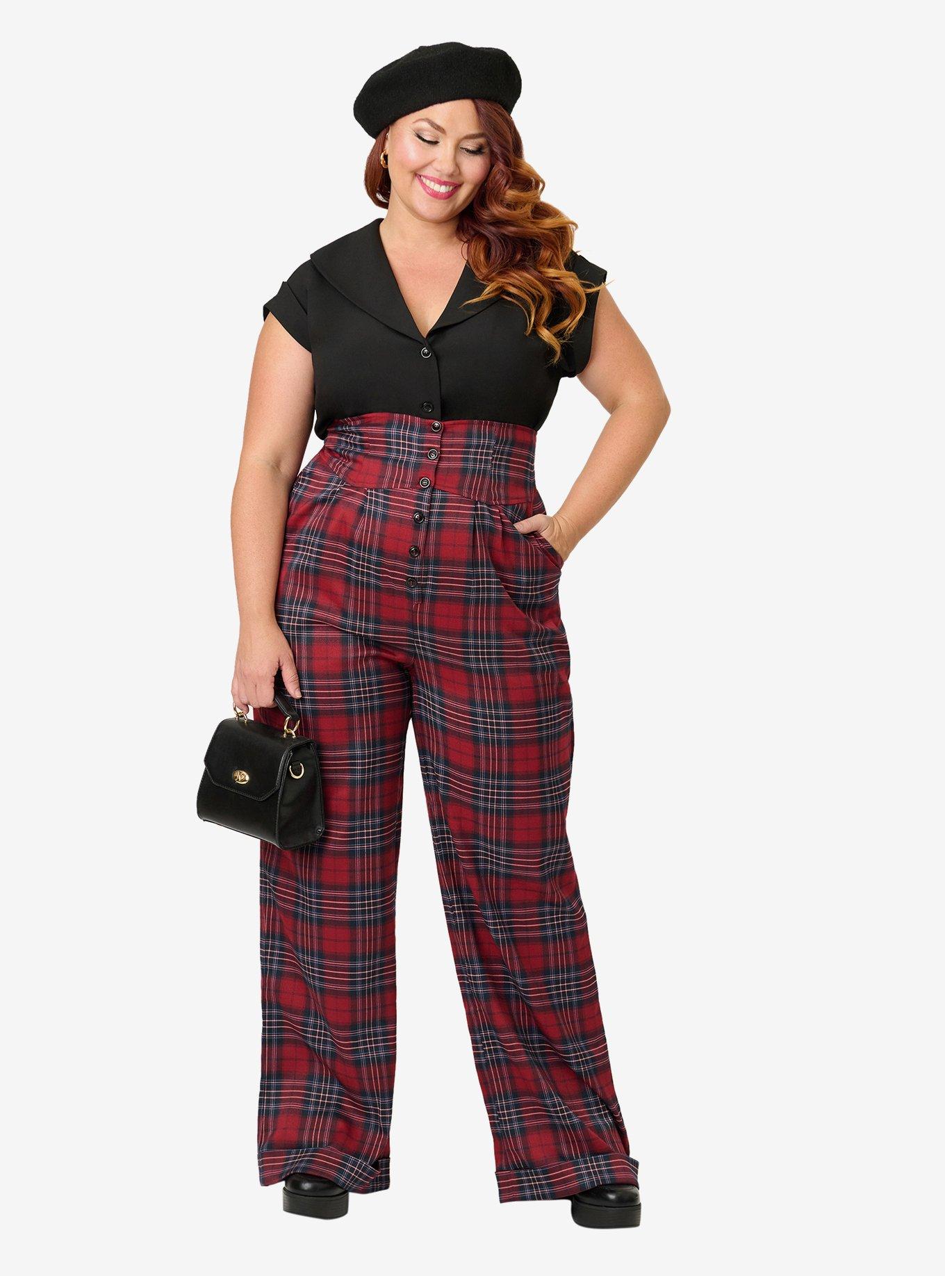 Unique Vintage Plus Size Red Plaid High Waist Trousers, , hi-res