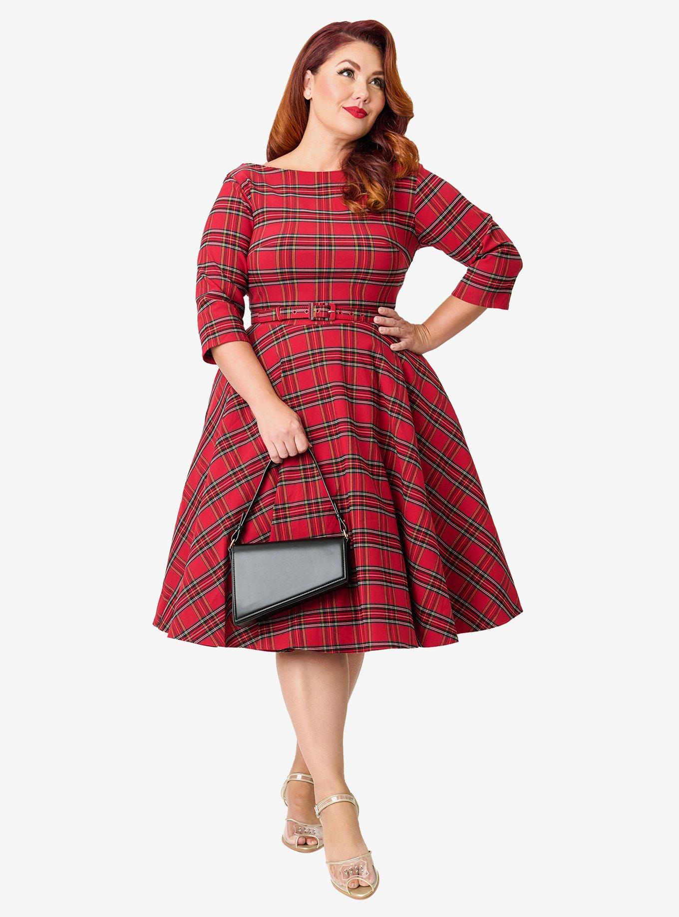 Unique Vintage Plus Size Red Plaid Sleeved Devon Swing Dress, , hi-res