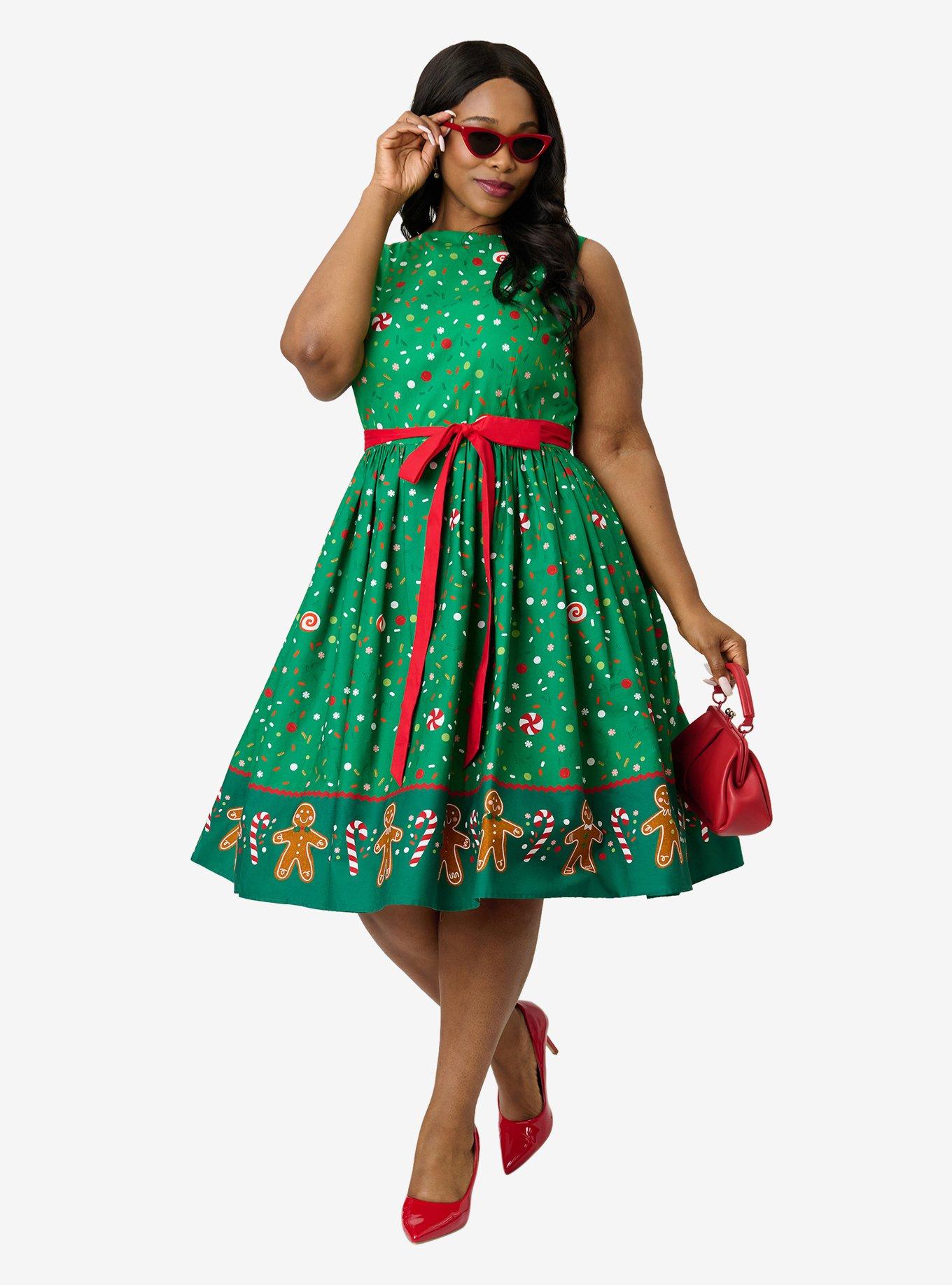 Unique Vintage Plus Size Gingerbread Man Border Print Sleeveless Cotton Swing Dress, , hi-res