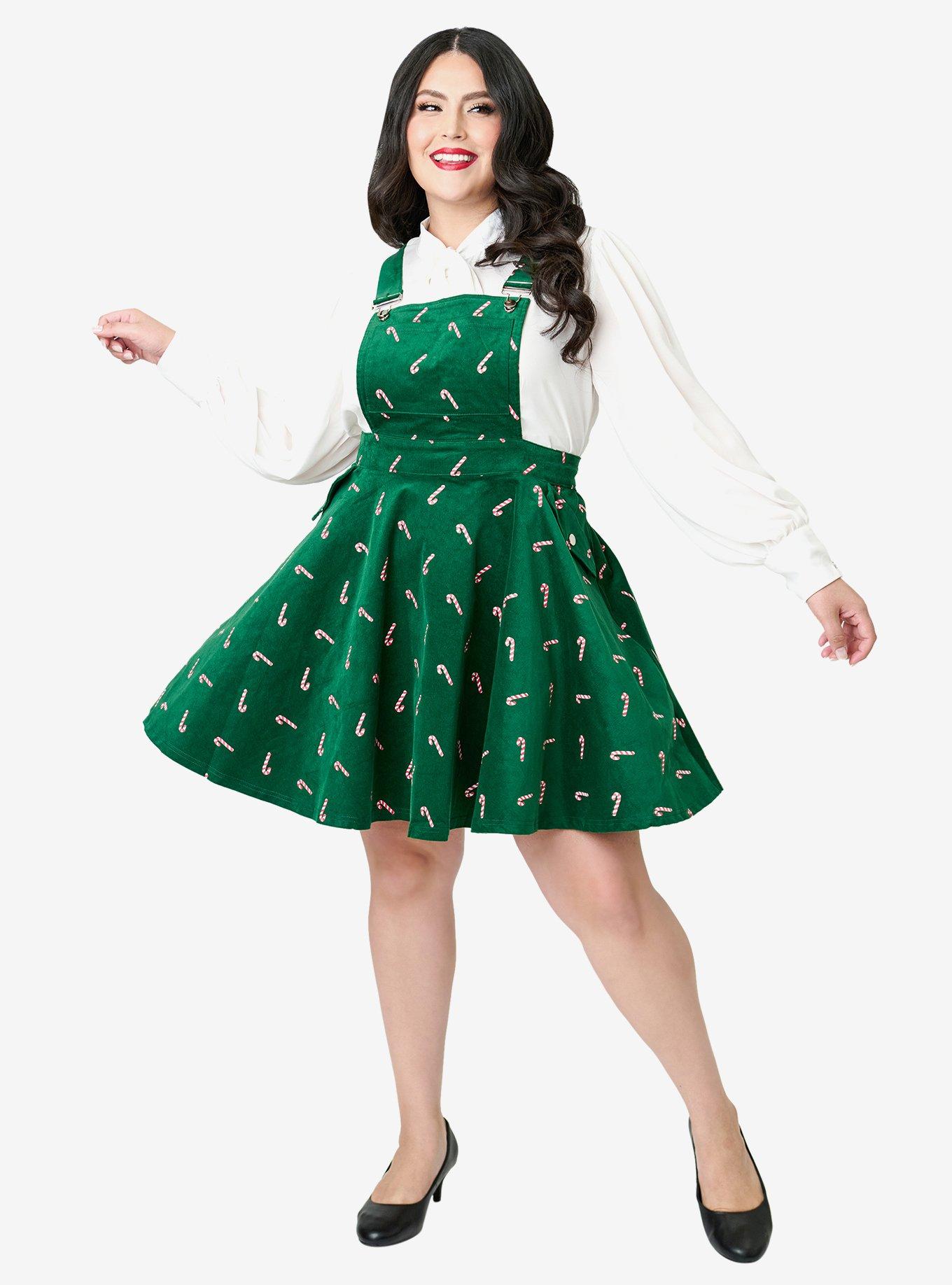 Unique Vintage Plus Size Green & Candy Cane Stamp Brionne Pinafore Skirt, , hi-res