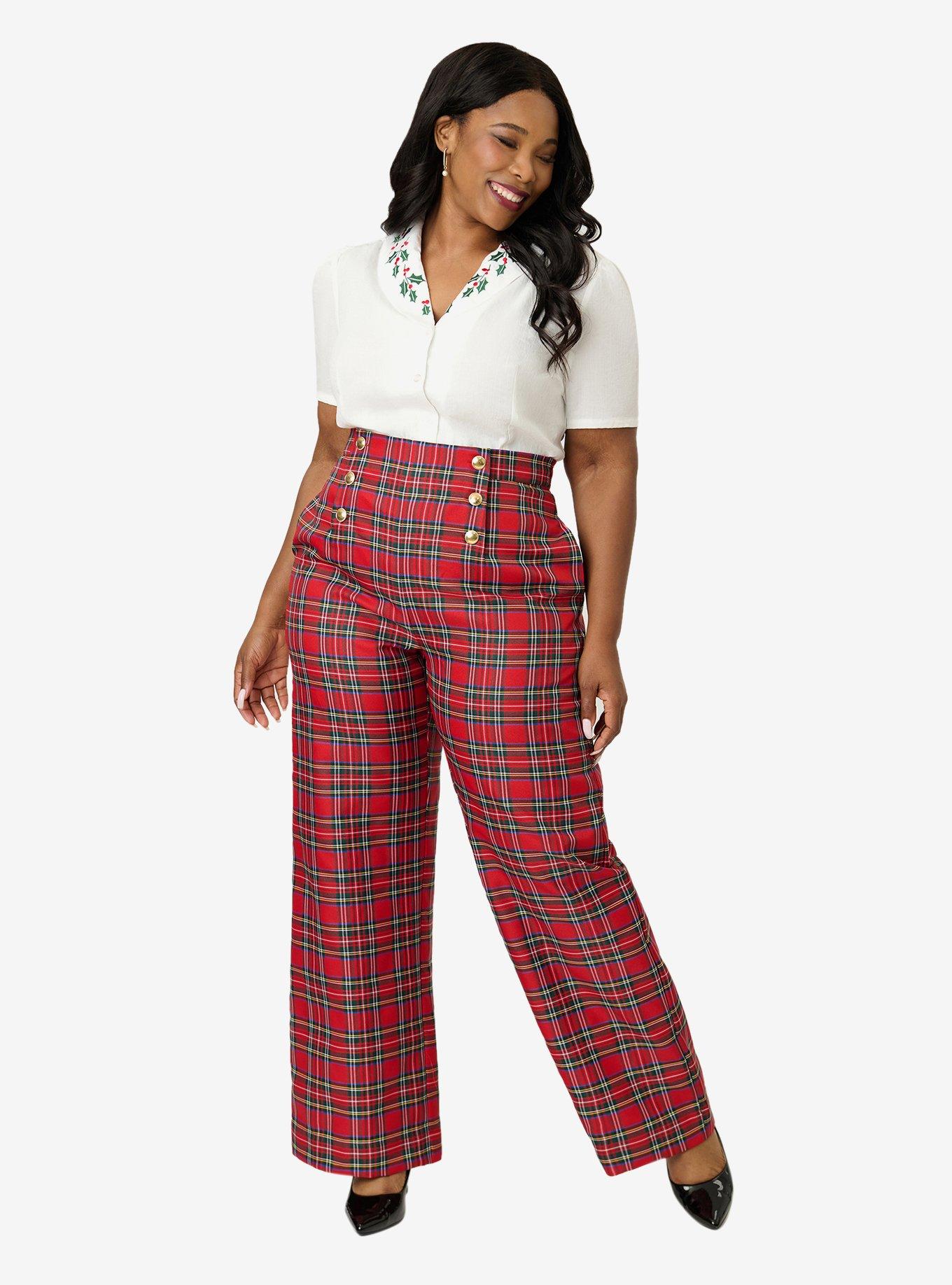 Smak Parlour Plus Size Red Plaid Wide Leg Sailor Pants, , hi-res