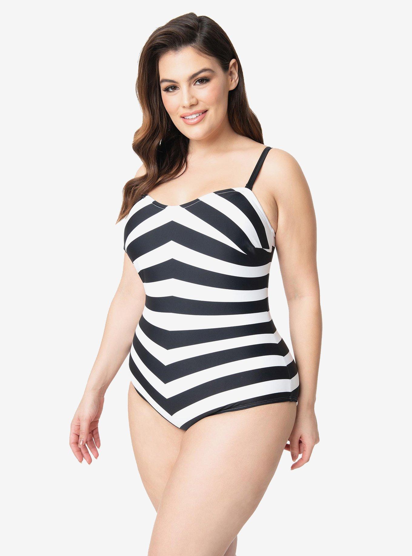Barbie x Unique Vintage Plus Size Black & White Chevron Stripe One Piece Bathing Suit, , hi-res