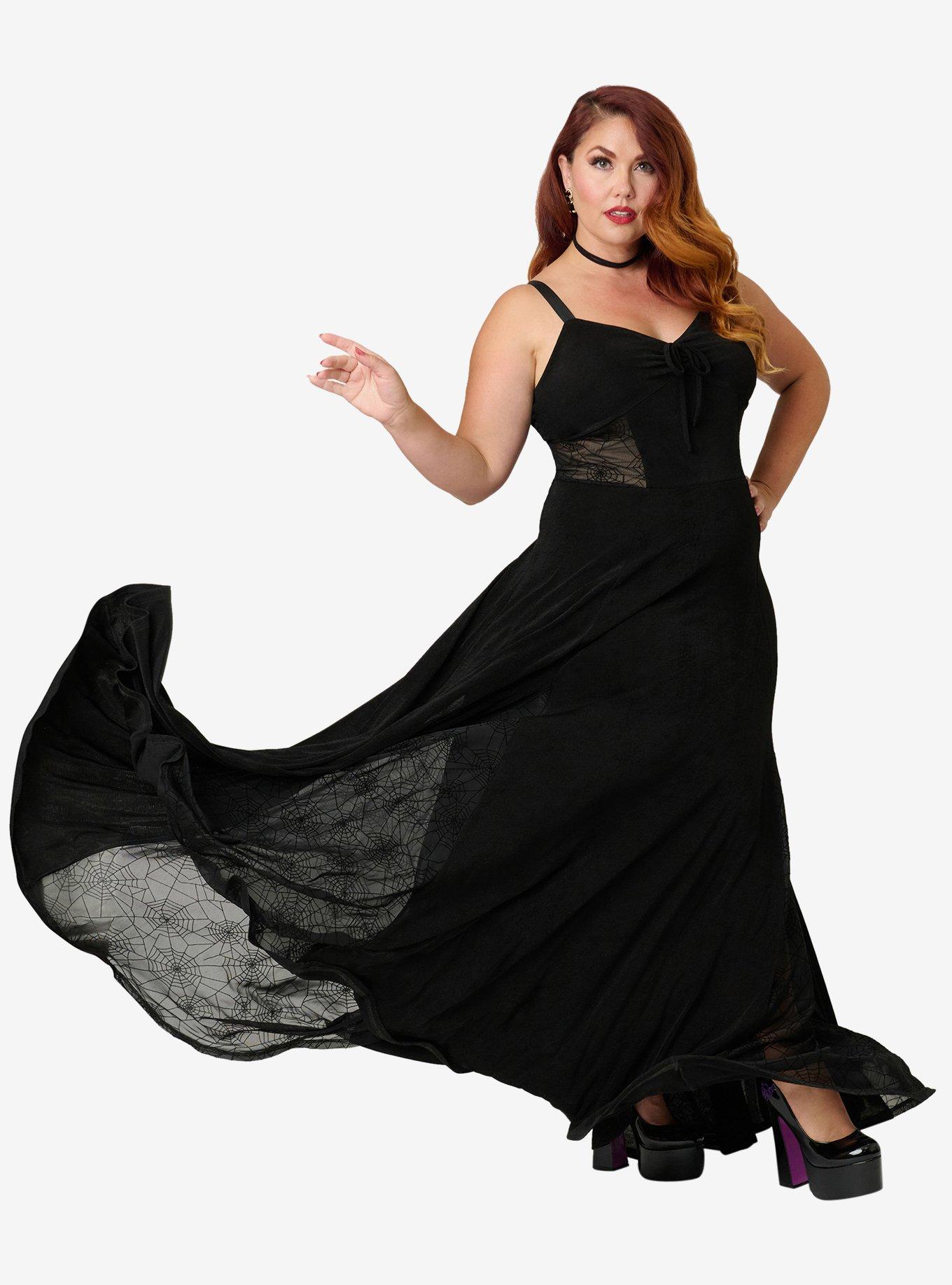 Unique Vintage Plus Size Black Sheer Spiderweb Godet Maxi Dress, , hi-res
