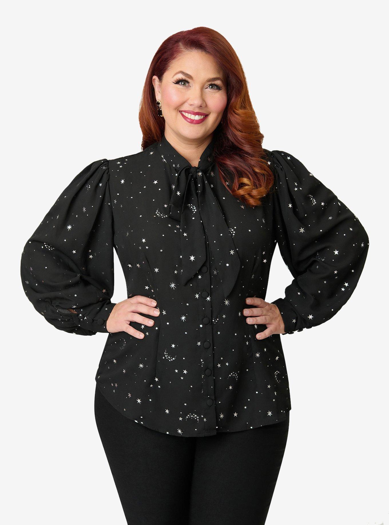 Unique Vintage Plus Size Black Moon & Star Silver Foil Print Gwen Blouse, , hi-res