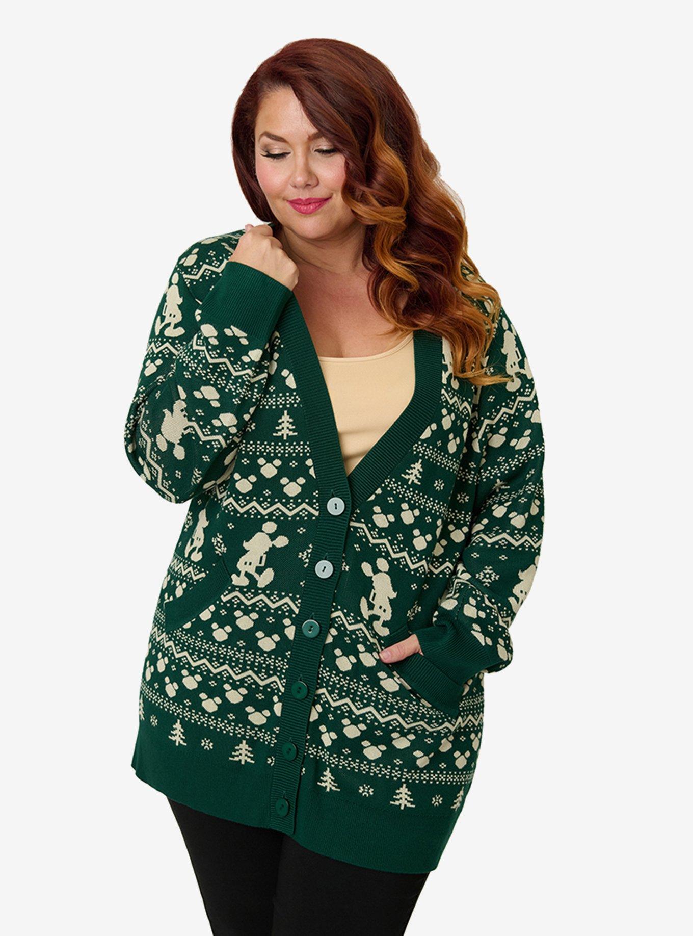 Disney Holiday Collection by Unique Vintage Plus Size Green Winter Mickey Fair Isle Cardigan, , hi-res