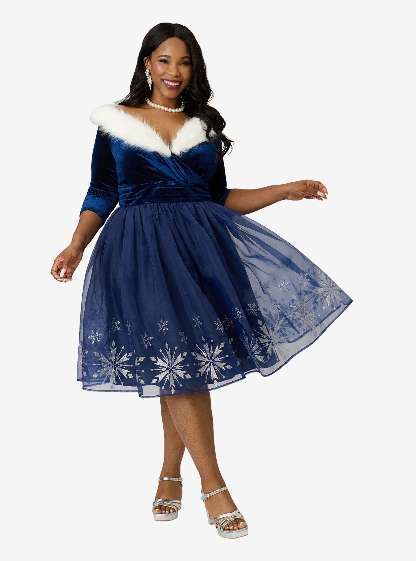 Disney's Frozen Collection by Unique Vintage Plus Size Blue Velvet & Glitter Snow Marceline Swing Dress, , hi-res