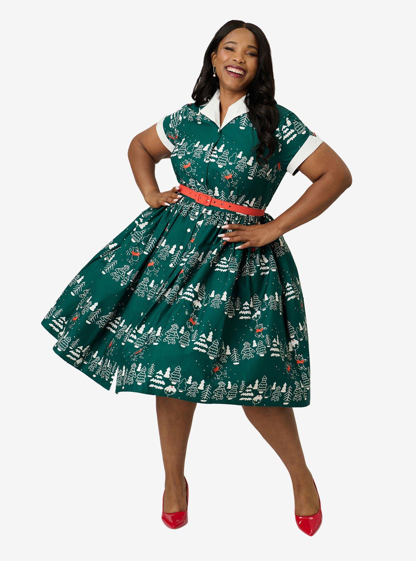 Disney Holiday Collection by Unique Vintage Plus Size Winnie The Pooh Belted Alexis Swing Dress, , hi-res