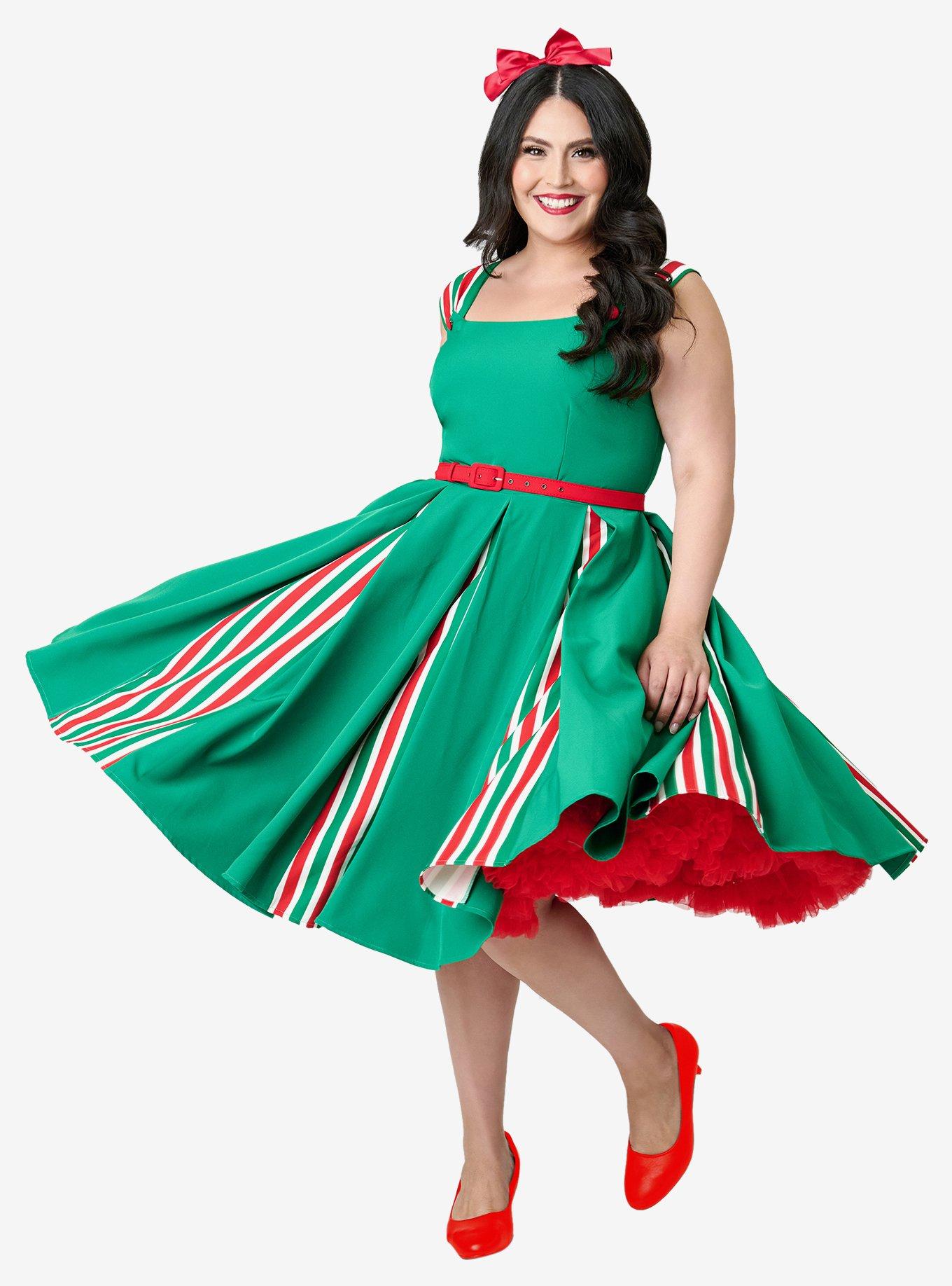 Unique Vintage Plus Size Green & Candy Cane Stripe Swing Dress, , hi-res
