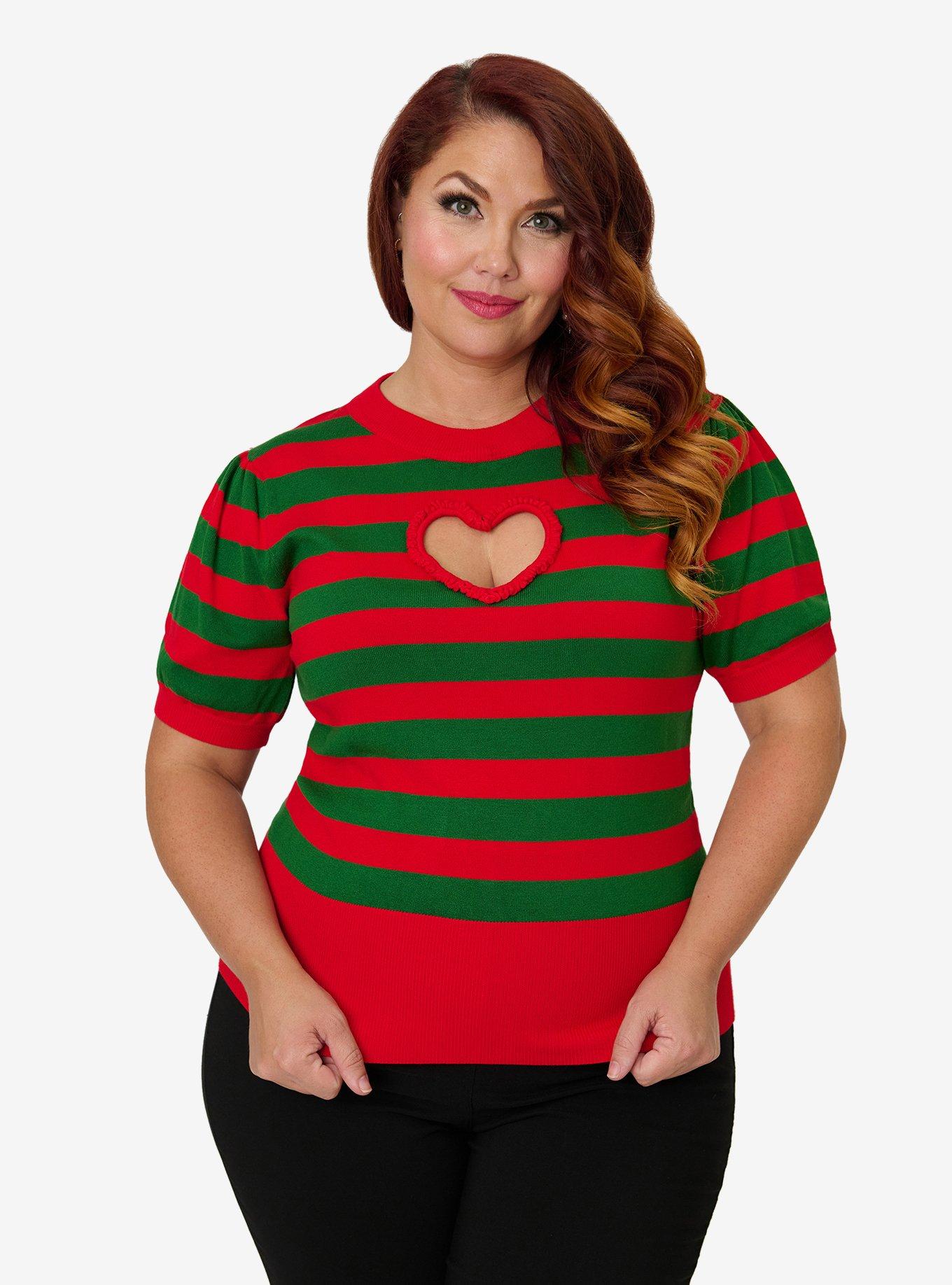 Smak Parlour Plus Size Green & Red Stripe Heart Sweater, , hi-res