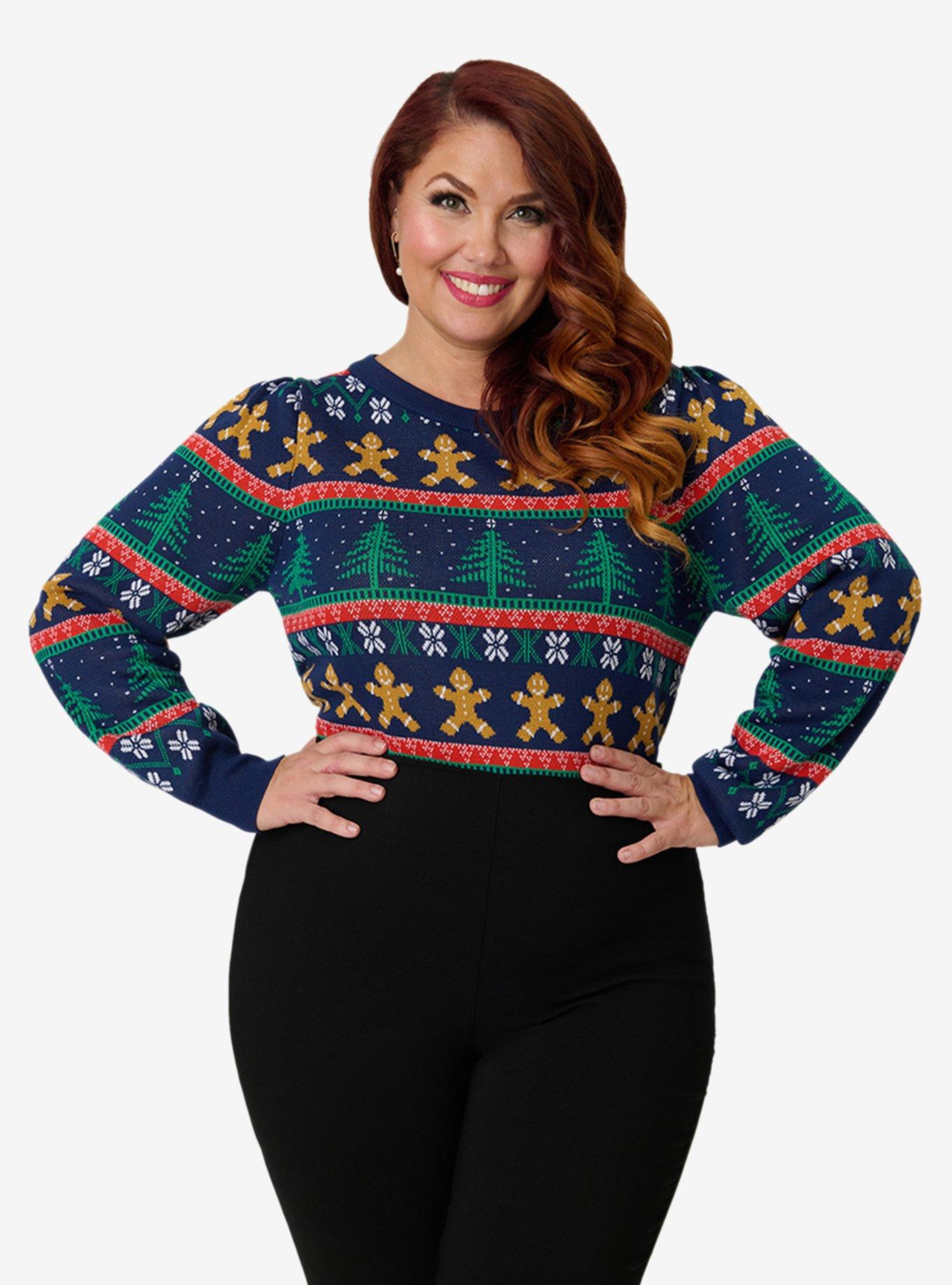 Unique Vintage Plus Size Navy & Gingerbread Men Fair Isle Sweater, , hi-res