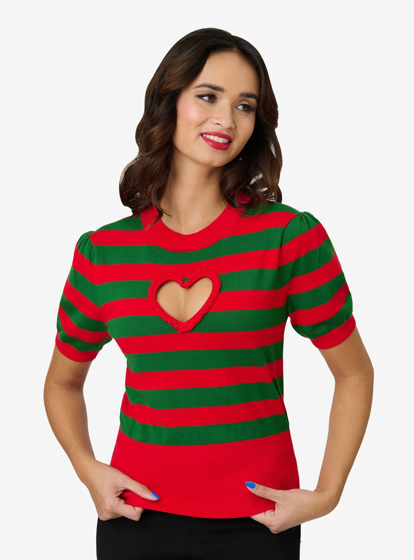 Smak Parlour Green & Red Stripe Heart Sweater, , hi-res