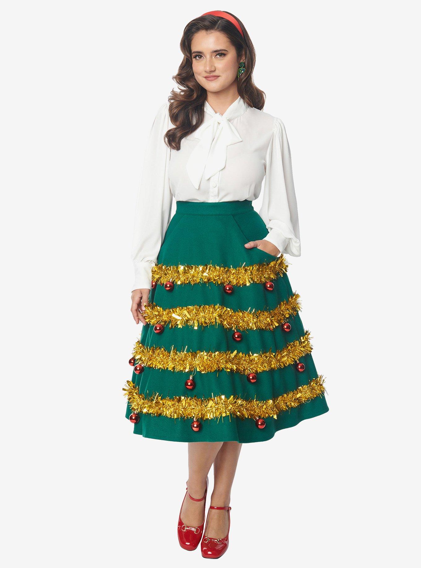 Unique Vintage Green & Gold Tinsel & Ornament Soda Shop Swing Skirt, , hi-res