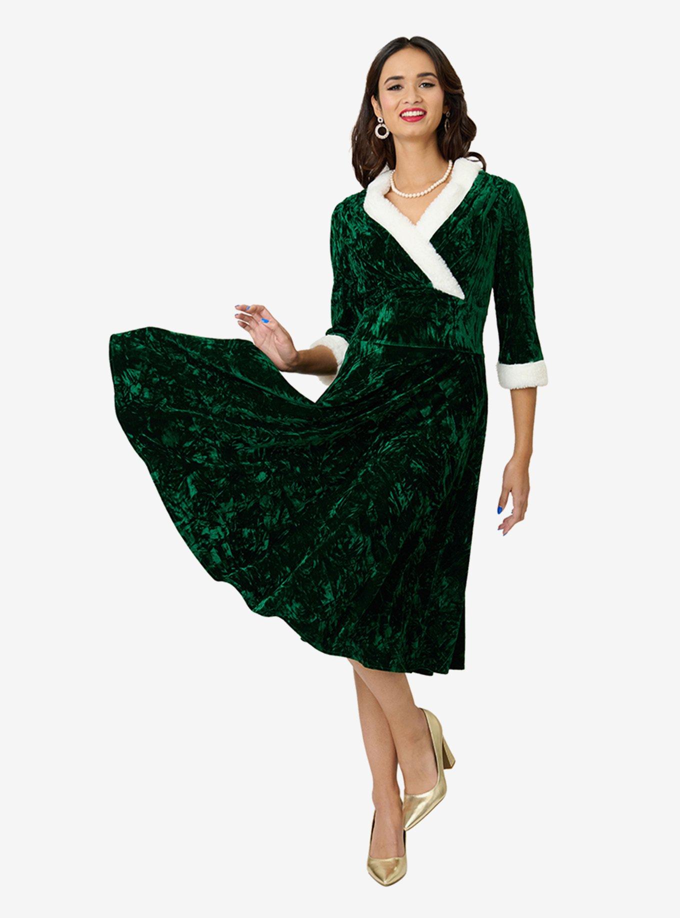 Unique Vintage Emerald Crushed Velvet & White Fur Delores Swing Dress, , hi-res