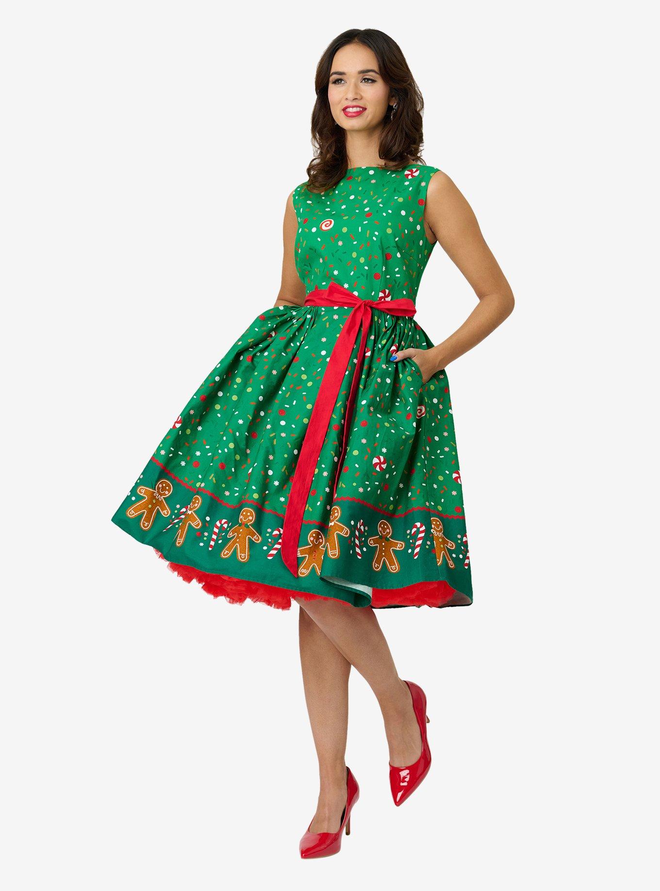 Unique Vintage Gingerbread Man Border Print Sleeveless Cotton Swing Dress