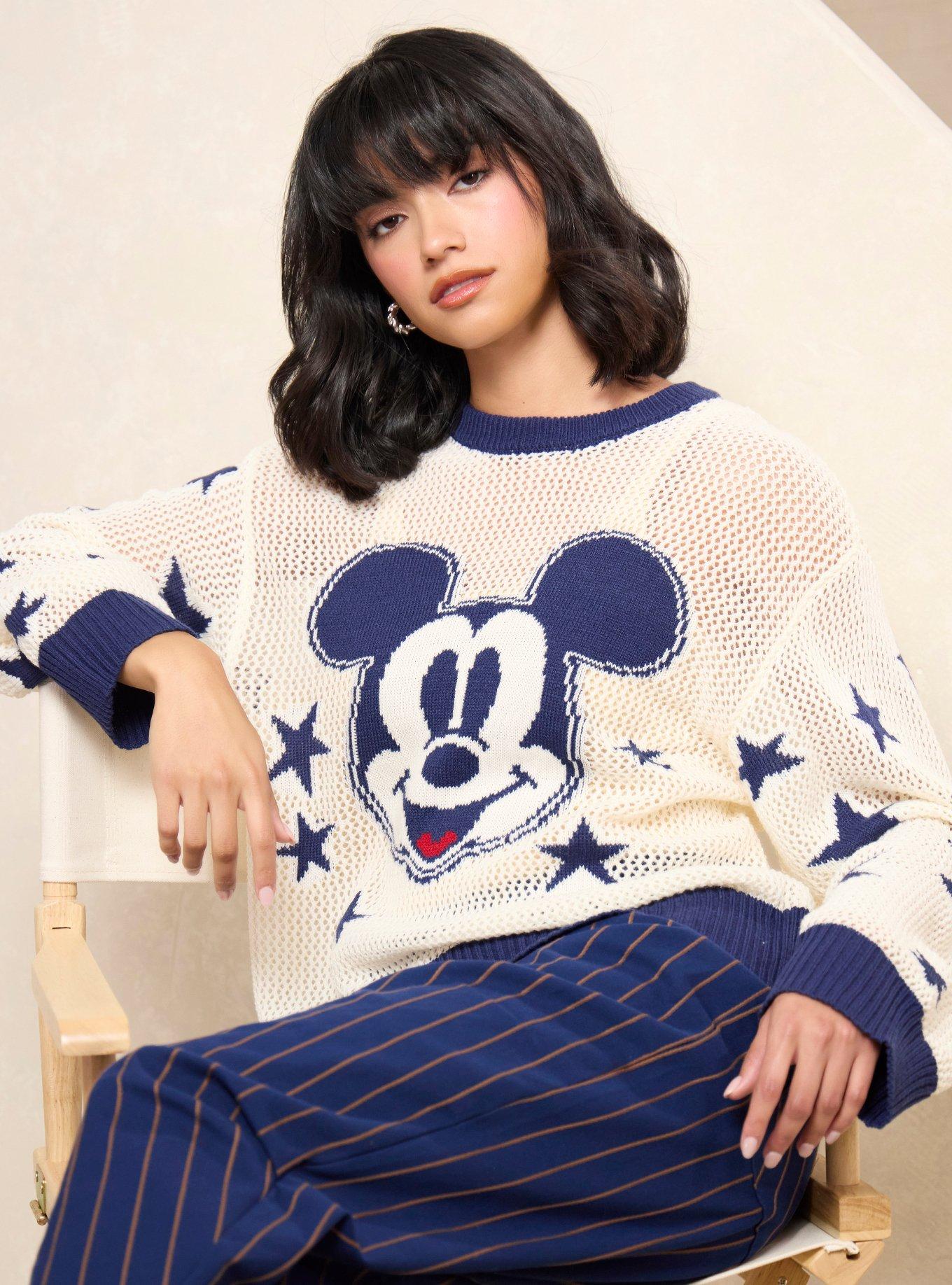 Disney Mickey Mouse Americana Tonal Blue Open Knit Sweater, , hi-res