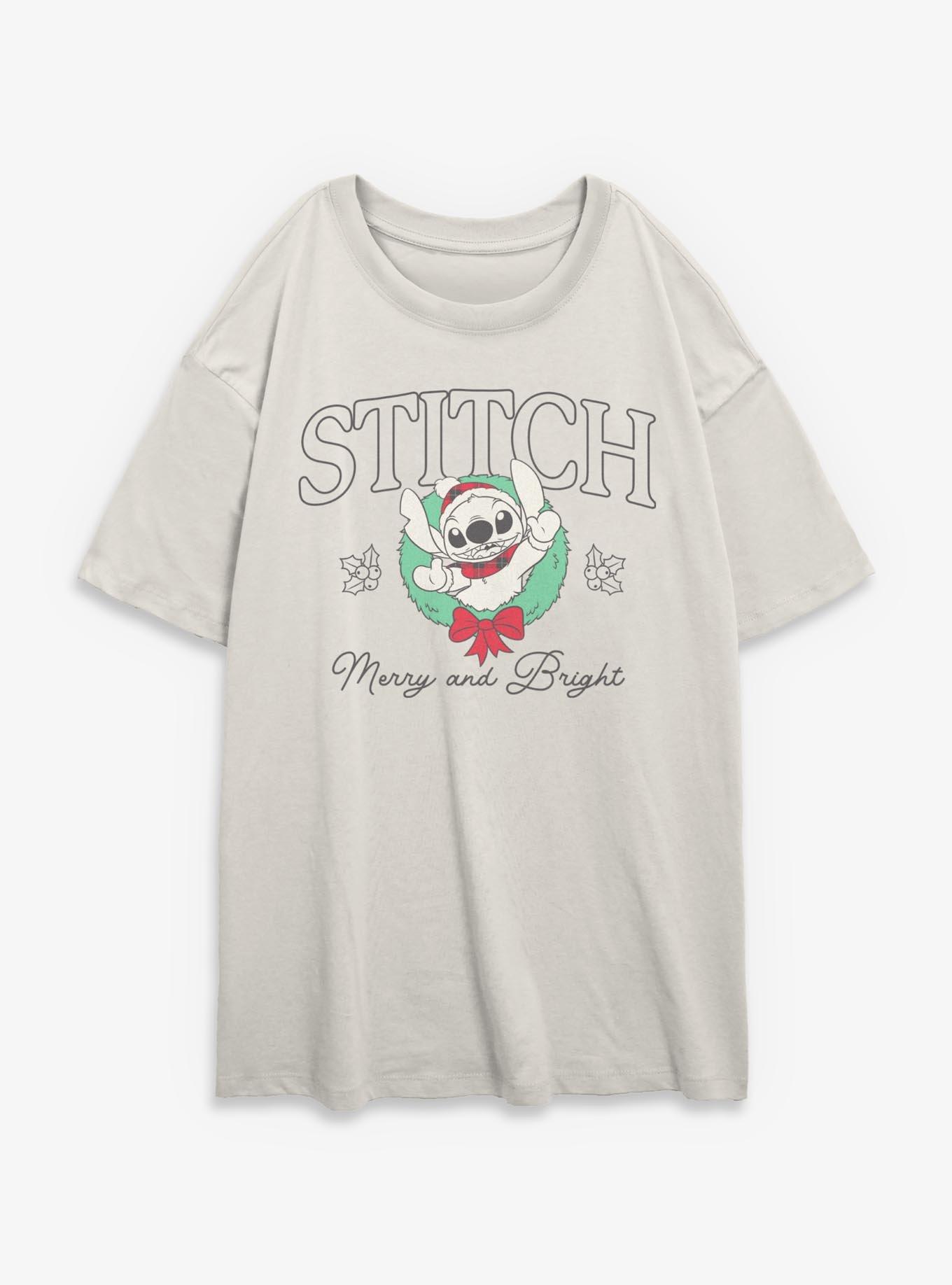 Disney Lilo & Stitch Stitch Merry and Bright Wreath  Womens Oversized T-Shirt, , hi-res