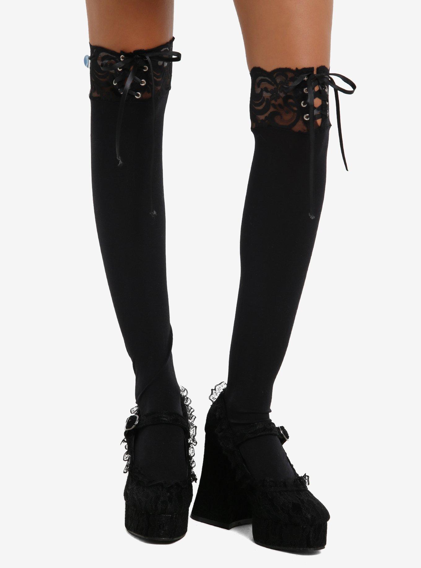 Black Lace-Up Thigh Highs, , hi-res