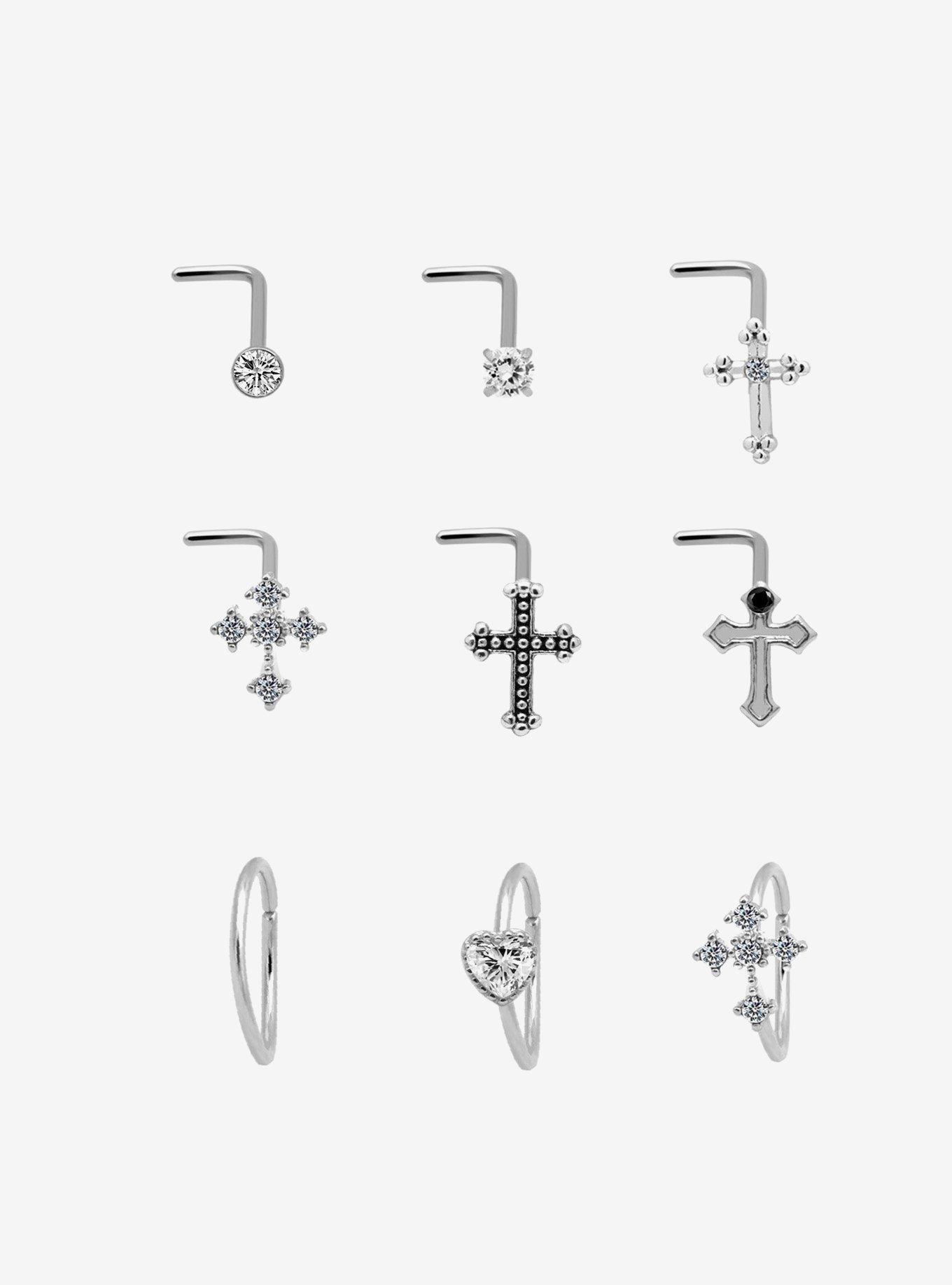 Steel Silver Cross & Gem Nose Stud & Hoop 9 Pack, , hi-res